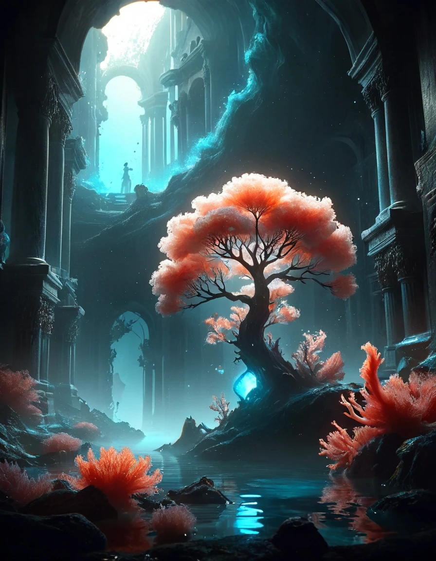 Game art, Murano ral-drkatmsphr, by WLOP, glowy translucency, Coral, Baby Blue and Gray, <lora:ral-drkatmsphr-sdxl:1.1>, excellent composition, confident, cinematic perfect intricate stunning fine detail, great light, inspired, ambient atmosphere, unique, vibrant, surreal, quality, dynamic dramatic atmosphere, highly intricate