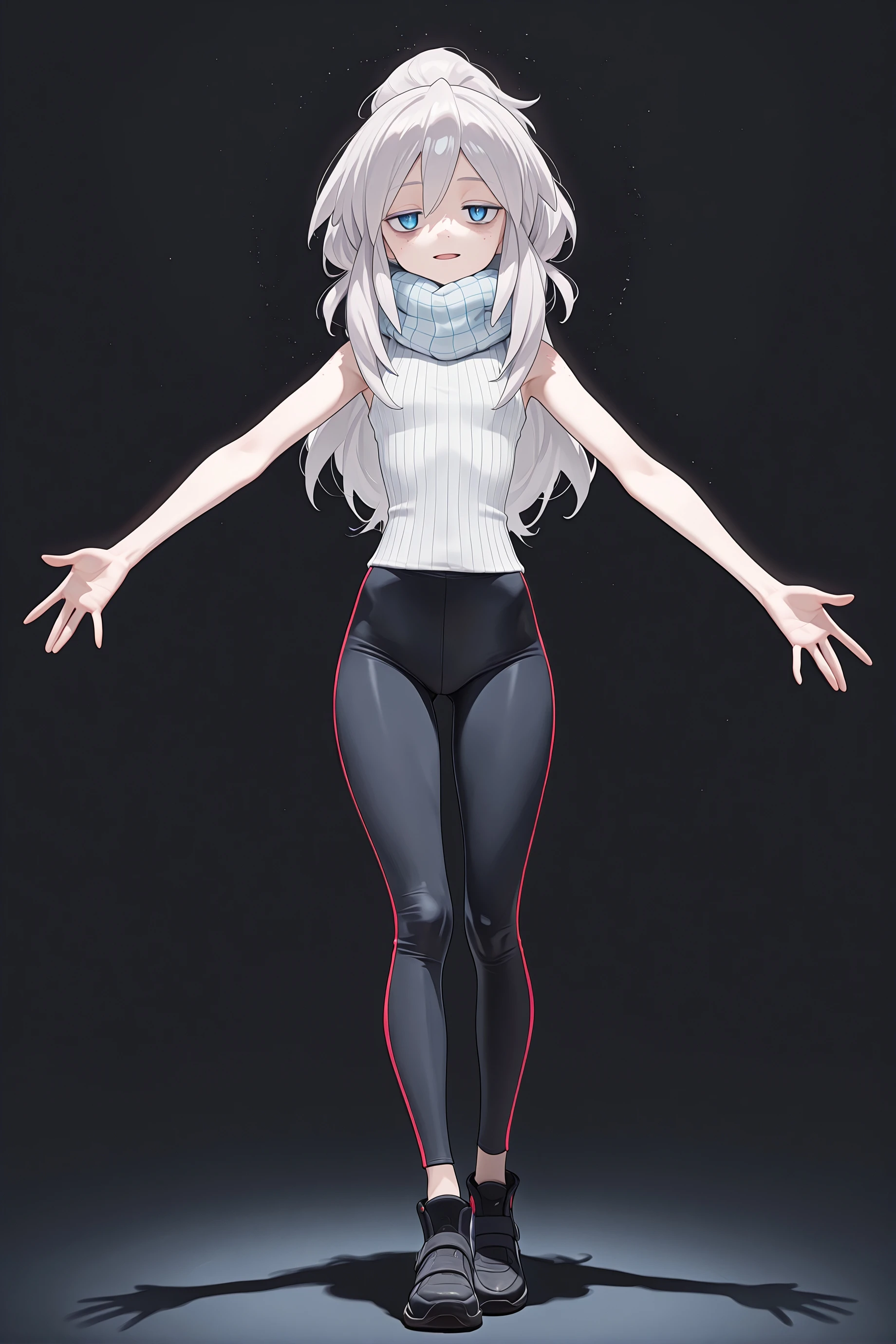 1girl, deux murasame, freckles, (long hair:1.2),
sleeveless, white ribbed sweater, light blue scarf, black tight pants,
jitome, open mouth, light smile,
standing, outstretched arms,
black background,
full body, looking at viewer, <lora:deuxmurasameillv3:1>,, masterpiece, best quality, amazing quality, very aesthetic, absurdres, highres, newest,<lora:xl_saturation_slider:0.1> <lora:add-detail-xl:1> <lora:illustriousXLv01_stabilizer_v1.121:0.4> <lora:reduce_wrinkles_illstriouosv0.1_ADDifT_2_in_1_v1.2:0.9>