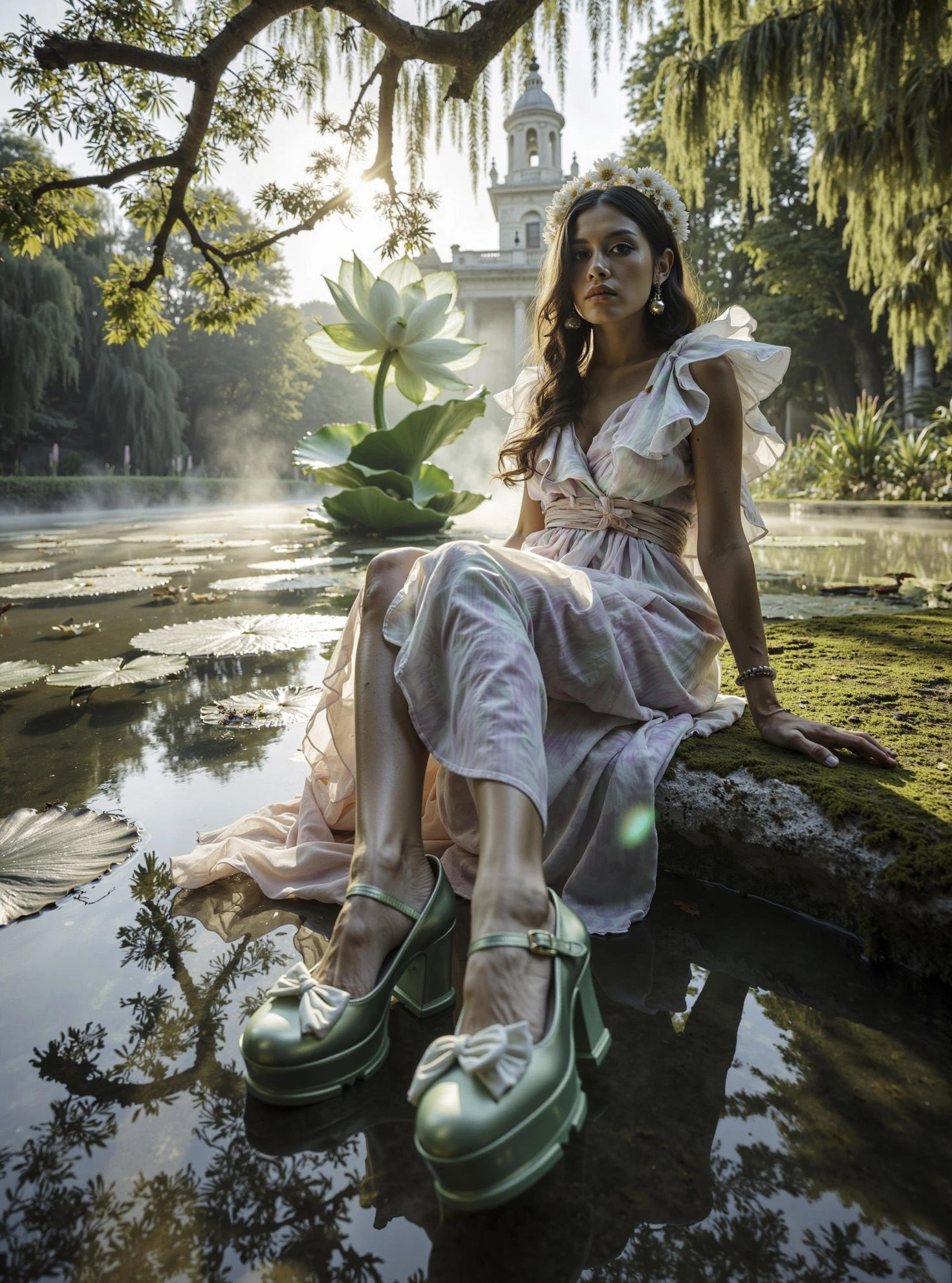 8k, hyper-realistic,photorealistic,hdr,
A hyper-realistic, photorealistic 8K HDR fashion portrait inspired by the delicate, dreamy world of Impressionism, specifically evoking the style of Claude Monet. The scene is captured from an ultra low angle, with the camera positioned at ground level, causing the female model’s elegant shoes to dominate the extreme foreground. She stands gracefully on a mossy stone beside a tranquil lily pond, surrounded by softly blurred water lilies, reeds, and the dappled reflections of a pastel sky. Her avant-garde shoes are a soft, iridescent water-lily green, their organic, petal-like shapes echoing the natural forms in the pond. In the background, a large, ethereal sculpture resembling a giant water lily in the same iridescent green rises from the misty pond, its delicate petals shimmering in the gentle light and perfectly matching her footwear. The model’s dress is a flowing, layered gown in pastel hues of lavender, blush pink, and pale blue, with translucent chiffon ruffles that flutter like lily petals in the breeze. Accessories include a delicate headpiece of tiny silk lilies, pearl drop earrings, and a sheer, embroidered shawl draped over her shoulders. Her hair is styled in loose, romantic waves, and her makeup is soft and dewy, with pastel eyeshadow and a hint of rose on her lips. The lighting is luminous and diffused, with golden hour sunlight filtering through the trees, casting gentle highlights and impressionistic reflections on the water and the model’s dress. The color palette is a harmonious blend of water-lily green, pastel pinks, blues, and lavenders, set against the tranquil, painterly background. The mood is serene, ethereal, and dreamlike, with the ultra low angle and the matching shoe-sculpture colors creating a sense of unity, natural beauty, and Impressionist elegance.