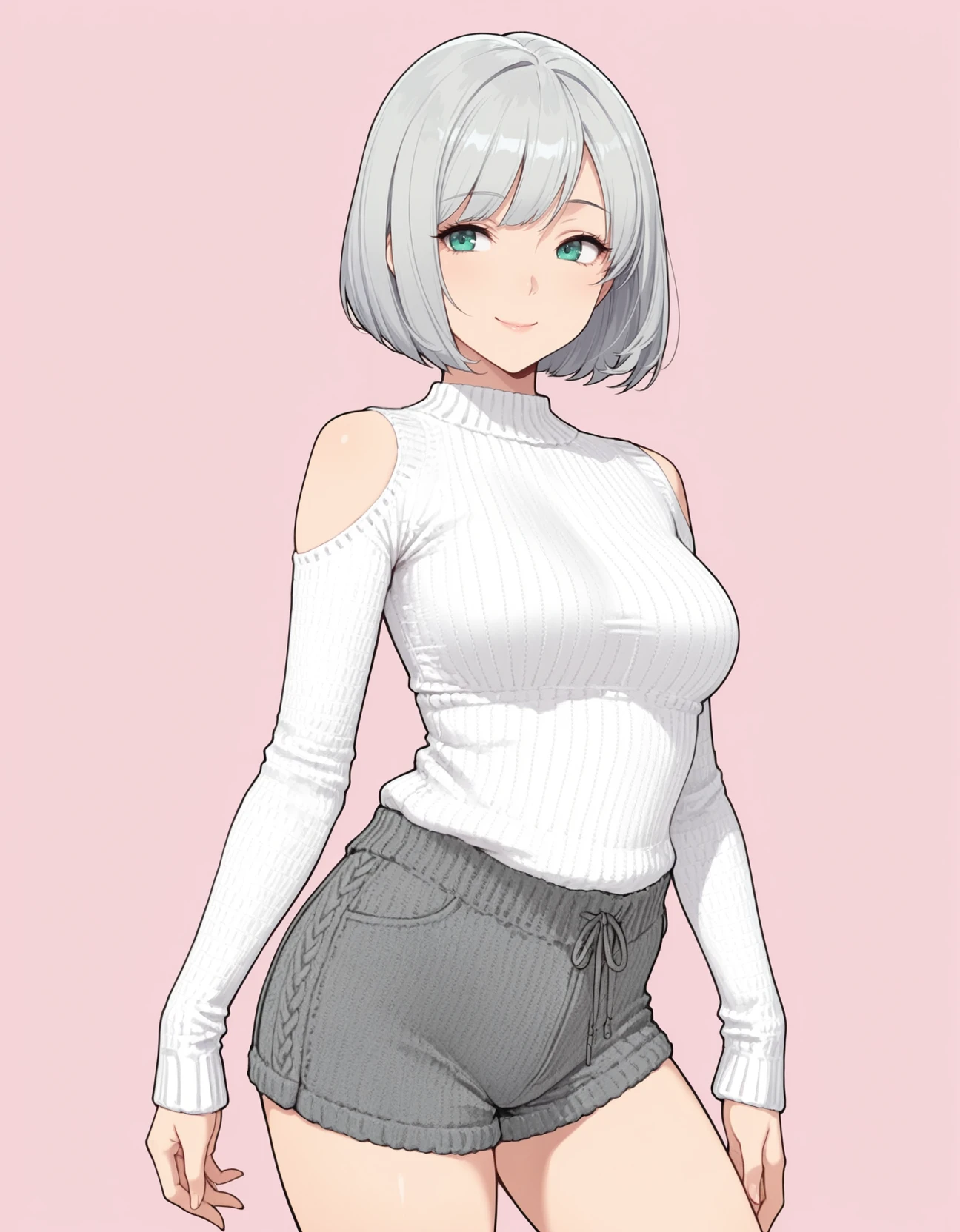 perfect quality, best quality, masterpiece, 1girl, solo, simple background, pink background,
standing, cowboy shot, facing viewer, contrapposto,
smile, Bob Cut, silver hair, blue eyes, mature female, medium breasts,
white sweater, grey shorts, shoulder cutouts, <lora:crochetcouldshoulder-illustrious:1>