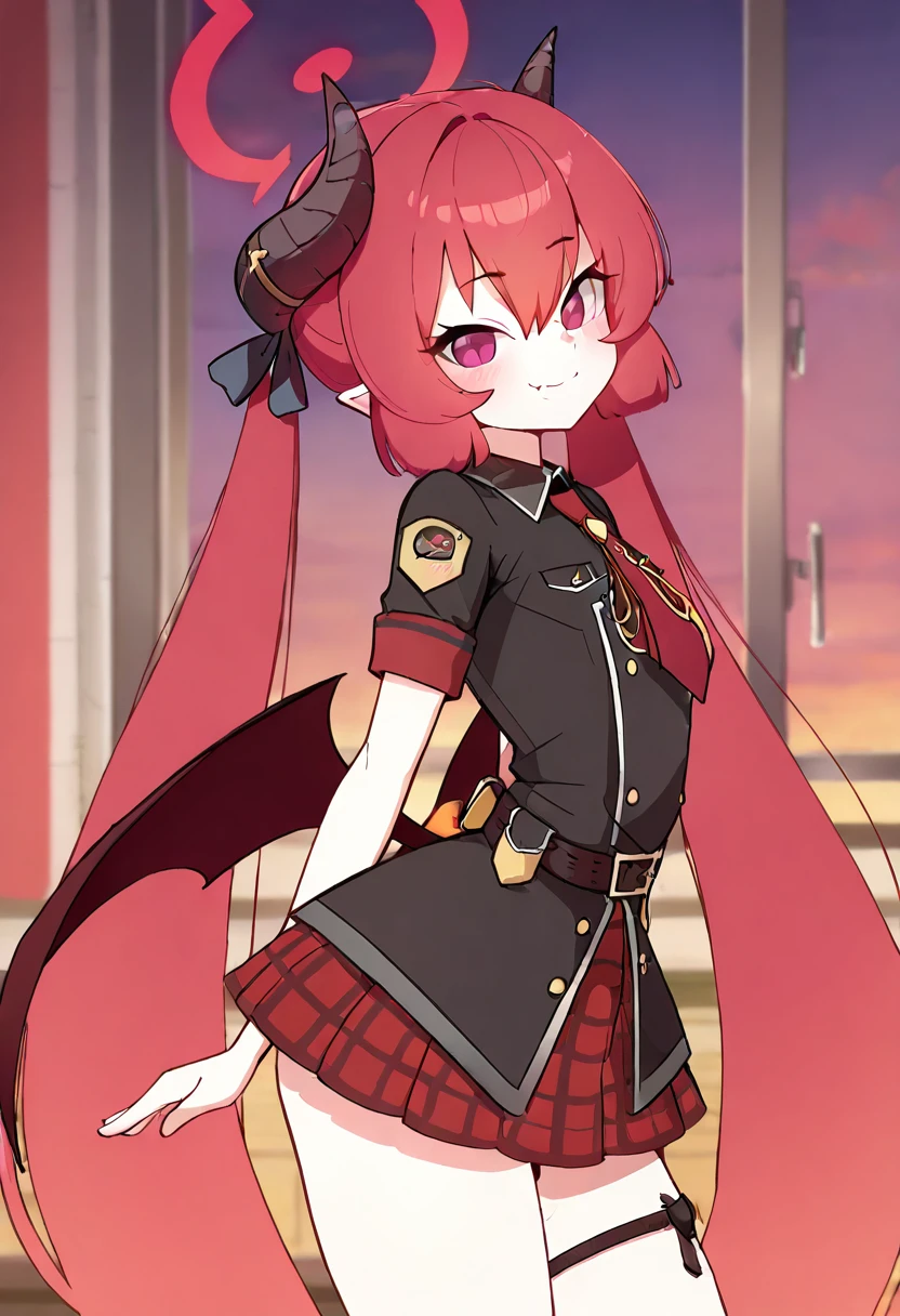 masterpiece, best quality, solo, curvy, beautiful eyes, narrow waist, wide hips, zzJunko, red eyes, red halo, red hair, horns, long hair, twintails, halo, demon horns, pointy ears, wings, hair between eyes, demon wings, very long hair, black horns, low wings, ribbon black shirt, pleated skirt, red skirt, short sleeves, plaid skirt, red necktie, thigh strap, belt, fang, black footwear, boots, , <lora:JunkoBlueArchiveIXL:1.0>, , smile, looking at viewer, side view, upper body, <lora:DiivesIXL:1.0>,