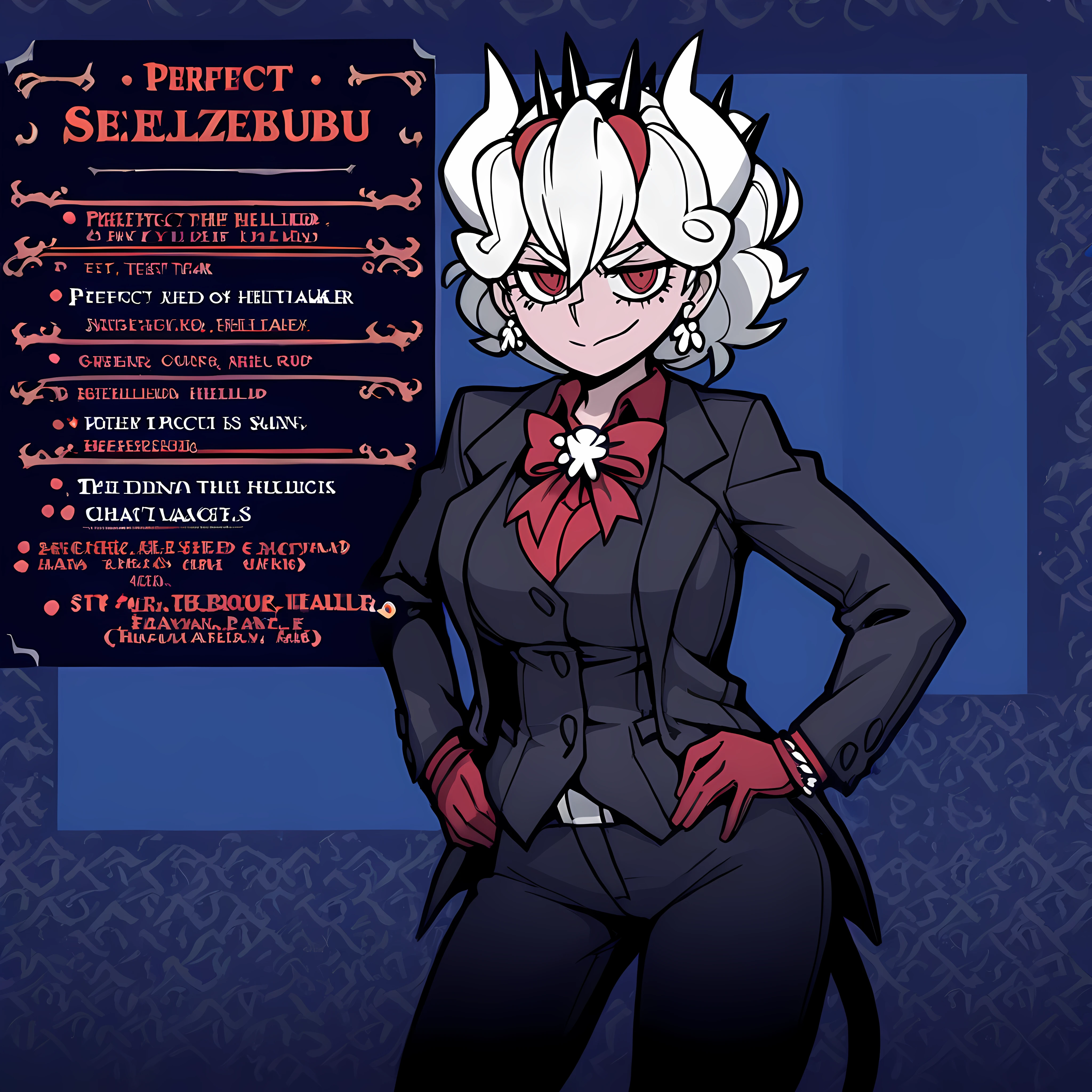 Masterpiece, newest, perfect quality, best quality, 1girl, solo, cowboy shot, patterned background, beelzebub_(helltaker), st4t,character profile,textbox, english text