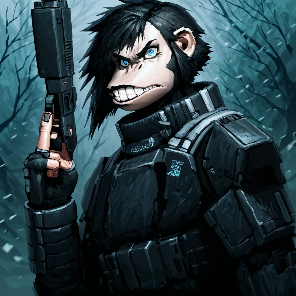 score_9, score_8_up, score_7_up, redustheriotact, anthro, monkey, odst, armor, fingerless gloves, sci-fi, blue eyes, short hairs, white furr, winter forest, hairs, middle finger, teeth, holding pistol, disgusted
