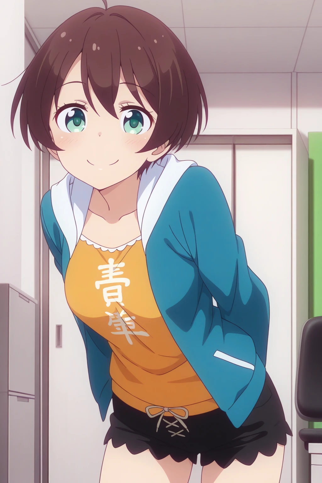 very awa, detailed eyes, shining eyes, masterpiece, best quality, ultra-detailed, (8k), (hdr), (ultra-detailed), absurdres, looking at viewer, solo, 1girl, girl, indoors, office, smile, aahajime, green eyes, brown hair, ahoge, hajimec1, blue hoodie, open hoodie, orange shirt, clothes writing, black shorts, ((standing, cowboy shot))