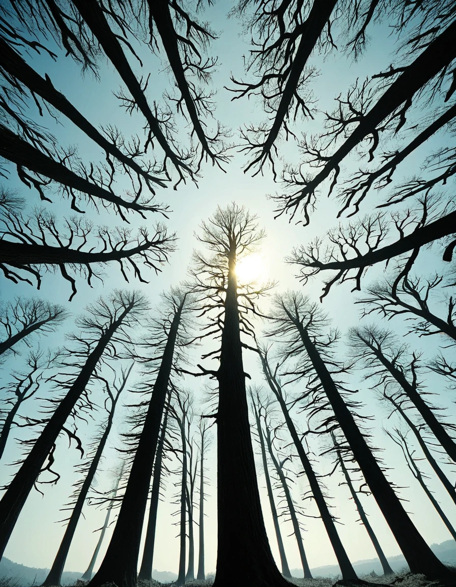 trees, Sharp focus of a Narrative Oppressive (ral-drkatmsphr:1.3) , made from Locust, Sun in the sky, Sharp and in focus, Visual novel, CineColor, intricate, World-renowned, <lora:ral-drkatmsphr-sdxl:1.1>, enhanced quality, confident, highly contrasted, stunning detail, elegant, sublime