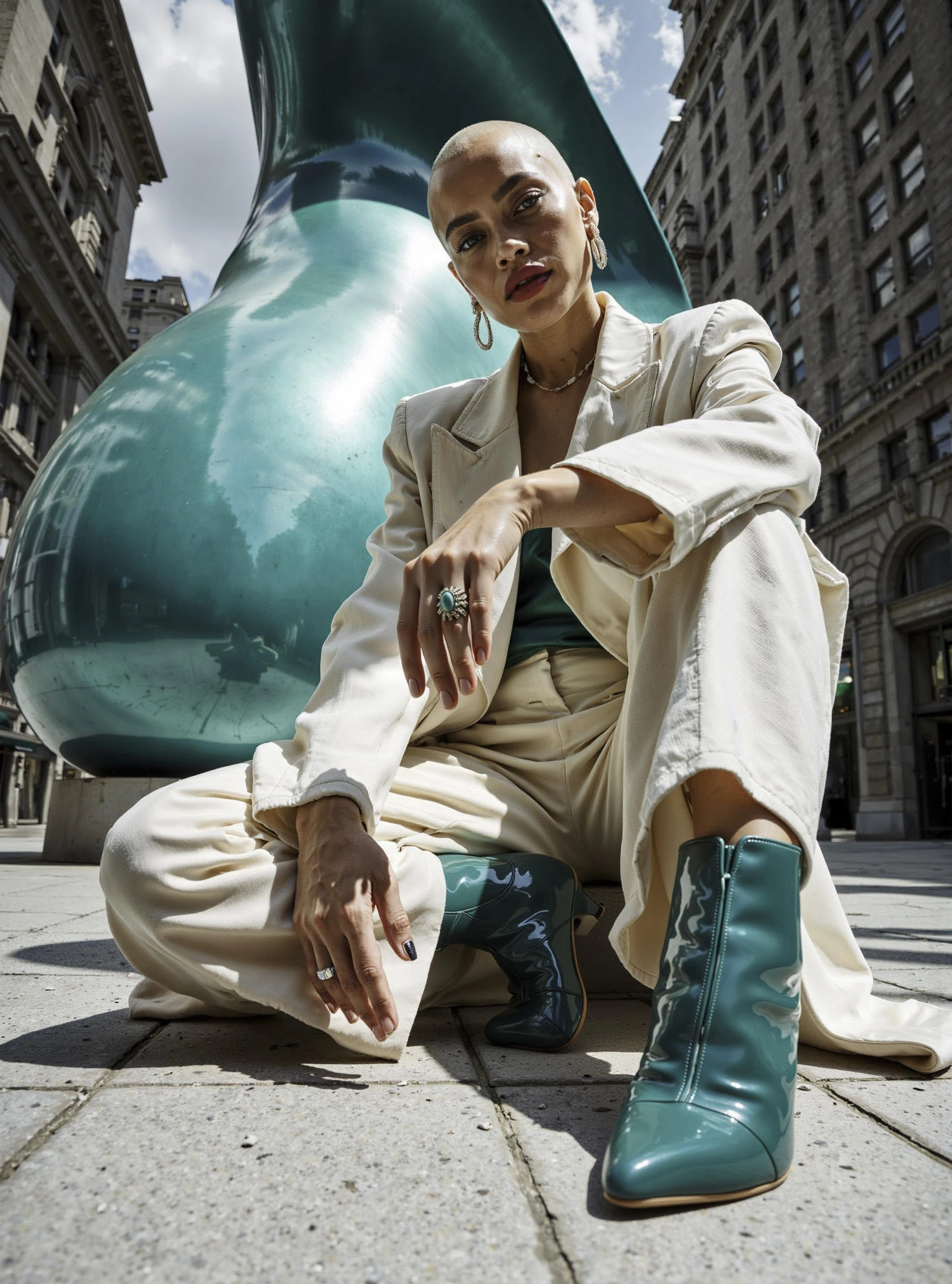 8k, hyper-realistic,photorealistic,hdr,
A hyper-realistic, photorealistic 8K HDR fashion portrait set in a sleek, urban environment, viewed from a low angle to emphasize power and presence. The model, a bald woman with flawless, luminous skin, sits confidently on the polished concrete of a modern city plaza. Her posture is unapologetically relaxed, one arm draped over a bent knee, exuding an air of luxury and self-assured arrogance. She wears a sharply tailored, double-breasted suit in crisp ivory with subtle metallic silver accents, the jacket left open to reveal a silk emerald green camisole beneath. Her trousers are wide-legged and fluid, pooling elegantly around her striking, high-heeled teal patent leather boots, which dominate the foreground with their bold color and sculptural form. Minimalist jewelry—chunky platinum rings and a single emerald ear cuff—adds a touch of opulence. Her expression is cool and slightly aloof, lips painted a deep berry shade, eyebrows perfectly defined, and her bald head gleaming under the soft, diffused city light. Behind her, a large, abstract teal art installation rises, its glossy surface and angular lines mirroring the color and modernity of her boots, providing a dramatic focal point and reinforcing the luxury aesthetic. The color palette is a sophisticated blend of ivory, silver, emerald green, teal, and berry, set against the muted grays of the urban backdrop. The overall mood is modern, luxurious, and confidently queer, with an avant-garde edge that celebrates bold individuality and high-end style.