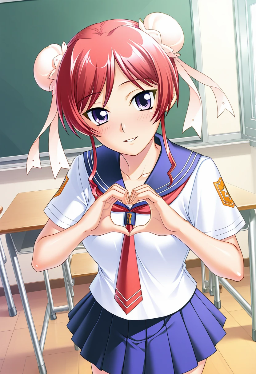 masterpiece, best quality, amazing quality, very aesthetic, absurdres, official art, ultra detailed,
1girl, solo, yan_t0nfa, red hair, purple eyes, bun cover, double bun, hair bun BREAK school uniform, serafuku, skirt, blush, smile, parted lips, looking at viewer, standing, pinup, heart hands, in classroom, sharp focus, depth of field, highly detailed <lora:yan tonfa v1.0-000015:1>