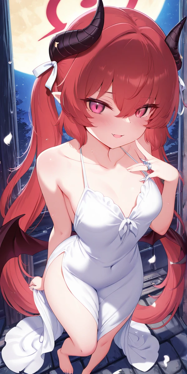 masterpiece, best quality, solo, curvy, beautiful eyes, narrow waist, wide hips, 1girl, solo, smile, looking at viewer, dynamic angle, foreshortening, close up,    zzJunko, red eyes, red halo, red hair, horns, long hair, twintails, halo, demon horns, pointy ears, hair between eyes, black horns,   ,       <lora:JunkoBlueArchiveIXL:0.6>,  <lora:MdastarouStyle_IXL:1.0>, [Moon Fairy], silvery white gown with soft, ethereal glow that mimics moonlight, delicate crystal tiara shaped like crescent moons, pale blue wings with a soft, iridescent glow, barefoot with silver rings, standing in a moonlit glade with a full moon overhead, glowing white petals falling from the trees around her,