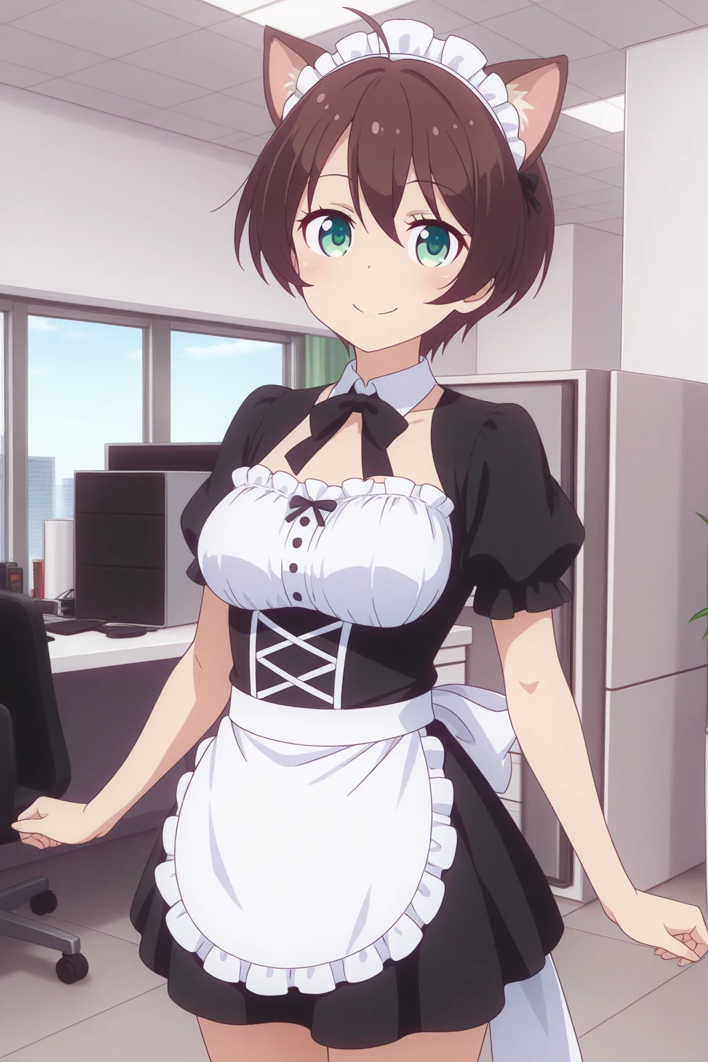 very awa, detailed eyes, shining eyes, masterpiece, best quality, ultra-detailed, (8k), (hdr), (ultra-detailed), absurdres, looking at viewer, solo, 1girl, girl, indoors, office, smile, aahajime, green eyes, brown hair, ahoge, maid headdress, animal ears, maid outfit, black dress, puffy short sleeves, waist apron, white apron, ((standing, cowboy shot))