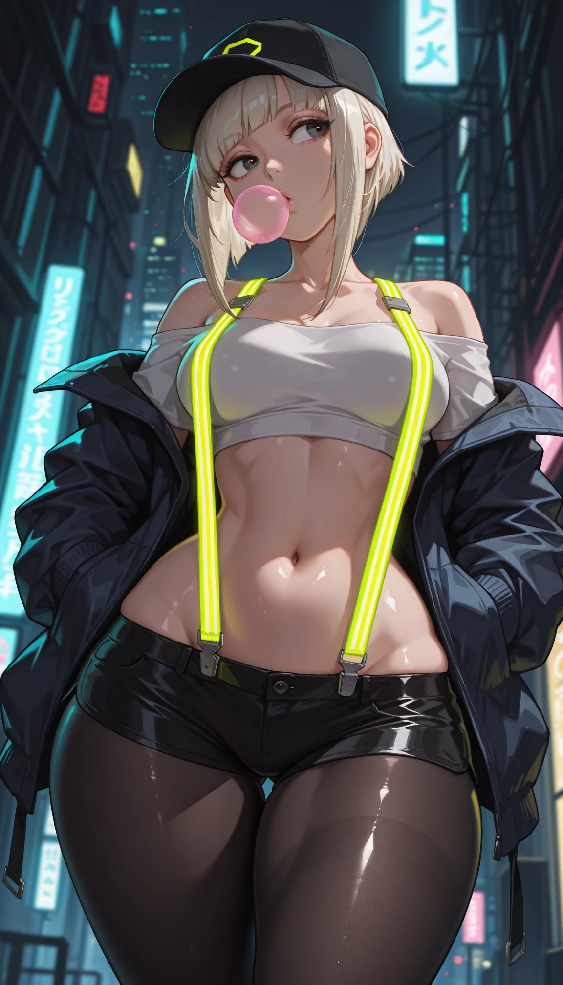 1girl, (((bimbo))),hoop earrings, big puffy lips, painted lips, thick lips.
Blonde hair, short twintails, grumpy, wide hips, thick thighs, perky breasts, bursting breasts, Nightlife, Night city, Cyberpunk city, futuristic cityscape. Neon lights, (skyscraper:1.1), Tokyo tower, palm tree, cloth sign, ramen stall, night club. bright city lights, exotic car. alcohol, bar, ramen, soup stall ,alcohol bottles, stomach blush, overflowing breasts, rounded stomach, pubic tattoo, word underbelly tattoo, cameltoe, gym shorts, sexy dolphin shorts, low hanging shorts, slutty yellow jacket, vagina liquid running down between thighs, no panties, pussy juice in between thighs, legs slightly apart, ruler tattoo, ruler tattoo with heart on top, pants fly open, covered nipples, hearts around stomach, hearts in groin, see through camisole, black camisole, from side, looking at viewer, trembling nipples, motion lines from tits
