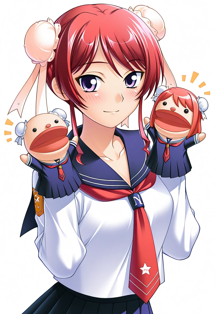 masterpiece, best quality, amazing quality, very aesthetic, absurdres, official art, ultra detailed,
1girl, solo, yan_t0nfa, red hair, purple eyes, bun cover, double bun, hair bun BREAK school uniform, white serafuku, skirt, light happy, blush, looking at viewer, standing, hppt,hand puppet, happy aura, simple background, white background, upper body <lora:hand_puppet_IL_v1:1> <lora:yan tonfa v1.0-000015:1>