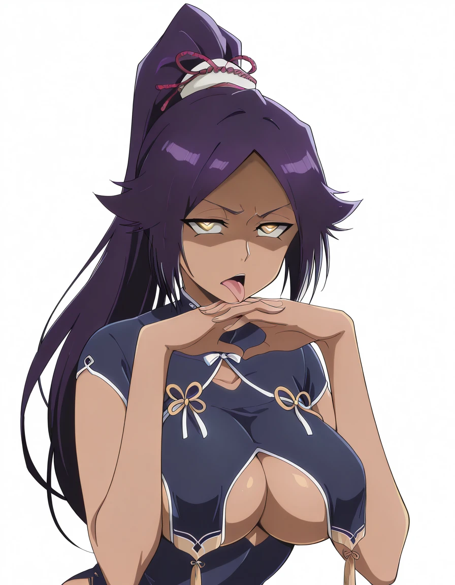 masterpiece, best quality, amazing quality,, <lora:yoruichi-shihouin-tybw-illustriousxl-lora-nochekaiser:1>, yoruichi shihouin, long hair, black hair, ponytail, dark skin, dark-skinned female, high ponytail, yellow eyes, mature female, breasts, anime screencap, <lora:azur-lane-sirius-cosplay-illustriousxl-lora-nochekaiser:1>, azur lane sirius cosplay, sirius (azur lane) (cosplay), blue dress, breast curtains, china dress, chinese clothes, cosplay, dress, pelvic curtain, revealing clothes, skindentation, underboob,, <lora:gendou-pose-illustriousxl-lora-nochekaiser:1>, gendou pose, own hands clasped, own hands together, parody, shaded face, looking at viewer, frown, elbow rest,, ahegao,heart_shaped_pupils,tongue_out, open mouth, <lora:transparent-background-illustriousxl-lora-nochekaiser:1>, transparent background, simple background, white background, ,