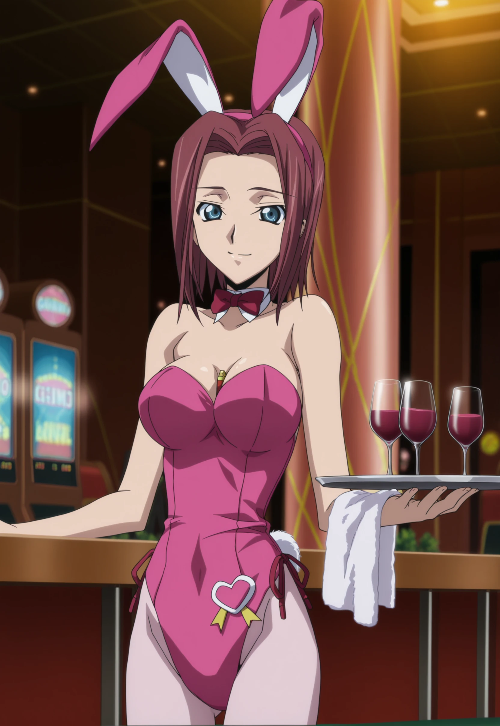 score_9, score_8_up, score_7_up, source_anime, source_anime, detailed background, anime screencap, uncensored, code geass art style, in a casino,
 <lora:Kallen_Stadtfeld_r1:.8>1girl, solo, Red hair, short hair, blue eyes, large breasts,Rabbit ears, red bow, pink leotard,  tail, cleavage, pantyhose, high heels, playboy ,  smile, looking at the viewer,