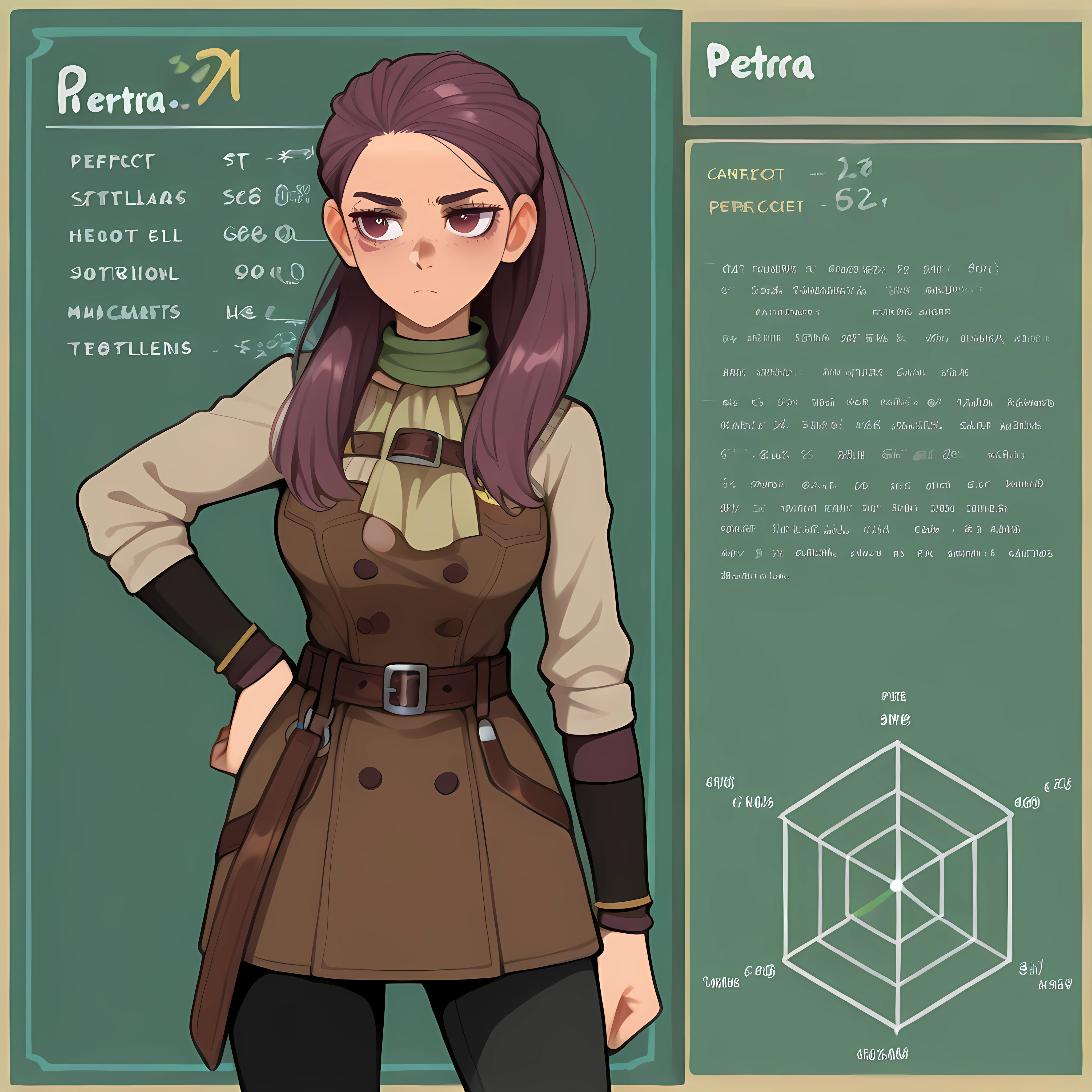 Masterpiece, newest, perfect quality, best quality, 1girl, solo, cowboy shot, petra_macneary, st4t,character profile,textbox, radar chart