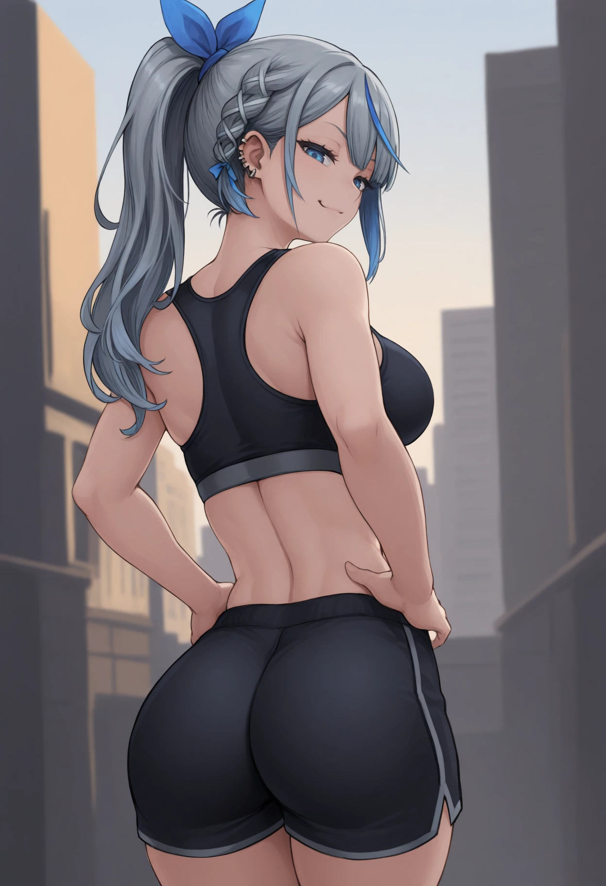 masterpiece, best quality, 1girl, solo, Am4gaiRuka, blue eyes, multicolored hair, grey hair, blue hair, long hair, braid, ribbon braid, ear piercing, ponytail, from behind, looking back, hands on hips, sports bra, black shorts, ass, looking down, looking at viewer, smug, proud, outdoors, city, <lora:ChamAmagaiRukaNoob:1>