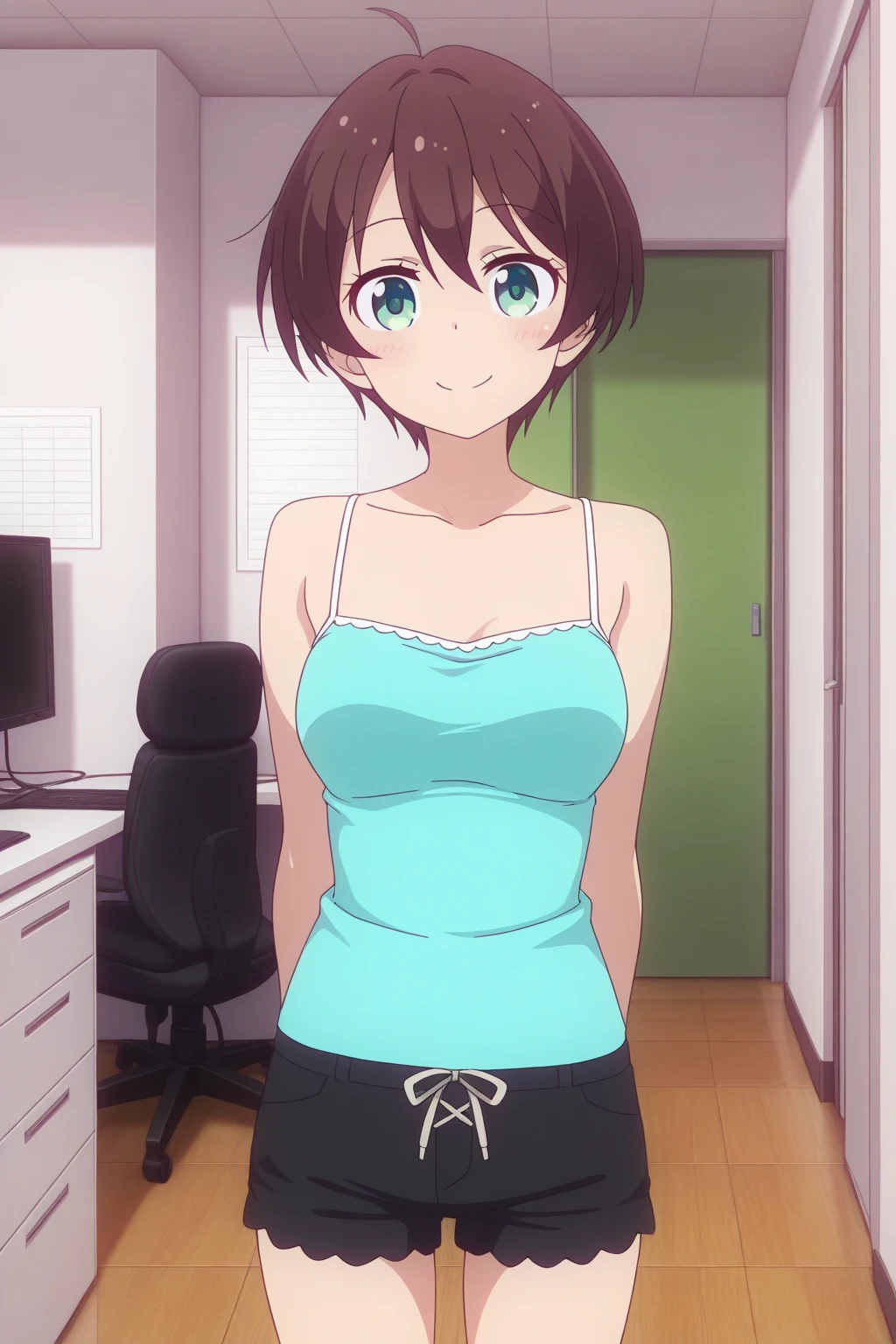 very awa, detailed eyes, shining eyes, masterpiece, best quality, ultra-detailed, (8k), (hdr), (ultra-detailed), absurdres, looking at viewer, solo, 1girl, girl, indoors, office, smile, aahajime, green eyes, brown hair, ahoge, hajimec2, green camisole, spaghetti strap, black shorts, ((standing, cowboy shot))