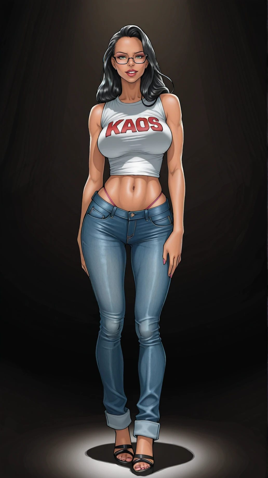 <lora:Kaos_Comics_Style:0.8>, kaoscomicstyle, masterpiece, best quality, highres, sharp focus, cinematic lighting, hdr, high contrast, empty background, dark background, random angle, dynamic angle, side angle BREAK
1girl, kaosmrshoward, black hair, makeup, eyeglasses, green eyes, jeans, thong, tshirt, navel, sleeveless, standing, looking at viewer, full body view,