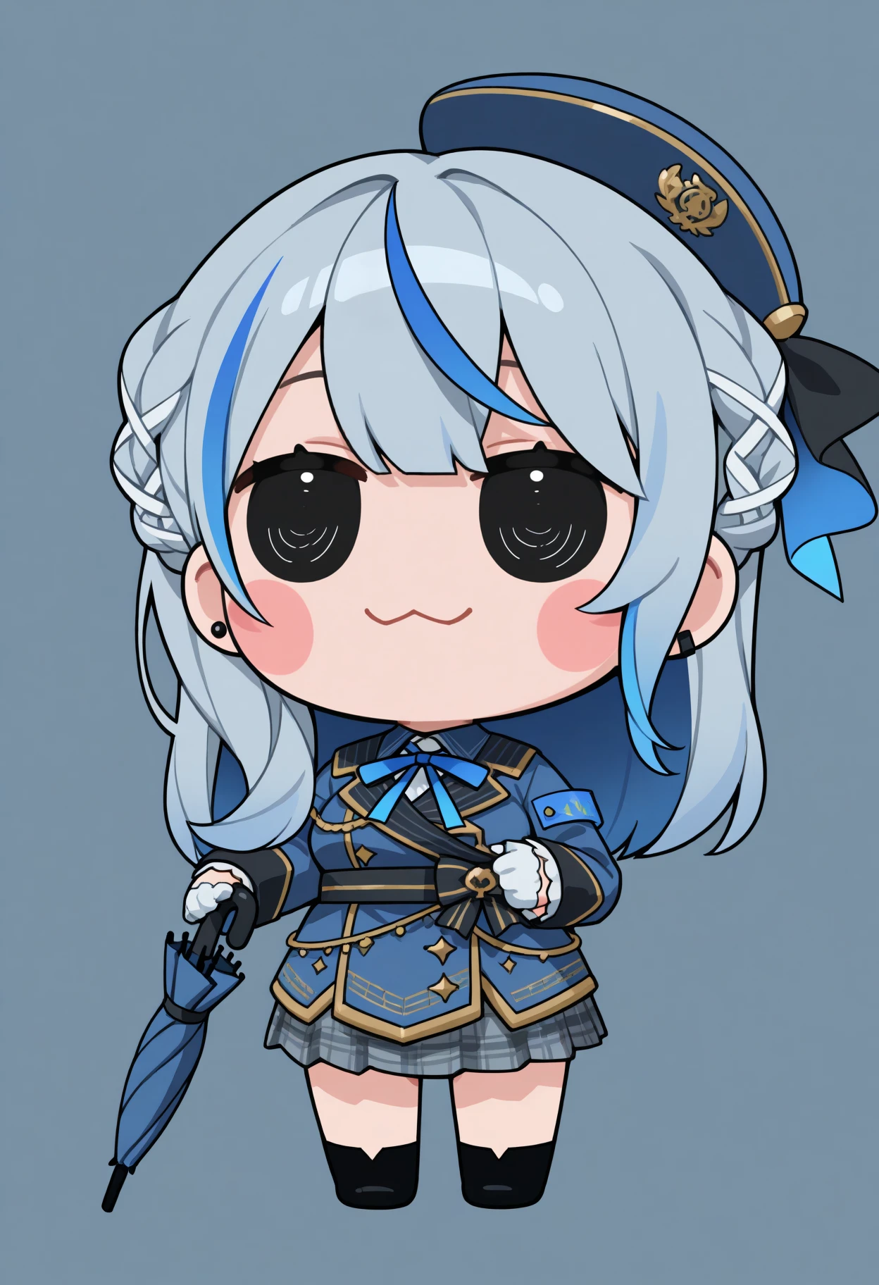 masterpiece, best quality, 1girl, solo, Ruk4Def, multicolored hair, grey hair, blue hair, long hair, braid, ribbon braid, ear piercing, blue hat, hat ribbon, blue neck ribbon, blue jacket, military jacket, long sleeves, white gloves, half gloves, black sash, black bow, grey skirt, plaid skirt, chibi, full body, blush stickers, black eyes, simple background, smile, :3, holding umbrella, <lora:style_beegsmol_noobAIXL11EPS-GLoRA:1>, <lora:ChamAmagaiRukaNoob:1>