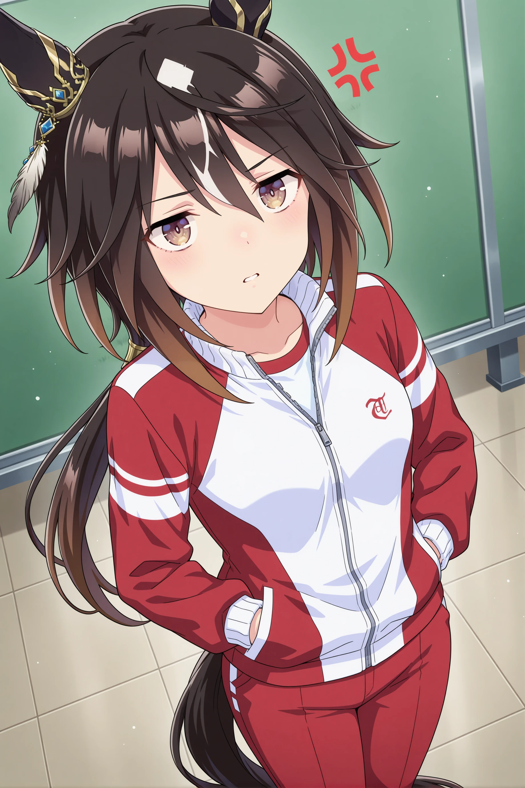 1girl, stay gold \(umamusume\), umamusume,animal ears,horse ears, horse girl,
long hair, black hair, multicolored hair, brown eyes, hair between eyes, white hair, low ponytail, brown hair, single ear cover, two-tone hair, streaked hair, small breasts, <lora:staygold_Illust_v1:0.6>
alternate costume,
tracen training uniform,red jacket ,track jacket ,long sleeves, red pants,
dutch angle, fisheye lens, looking up, anger vein, parted lips,college town,
(masterpiece, best quality, newest, highres), (anime coloring:1.5), (anime screenshot:1.5)