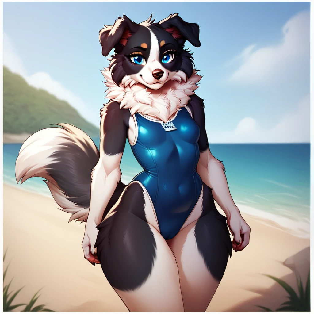 furry, fur, tail, anthro female, female furry, burgerkiss, detailed fur, best quality, 1girl, solo, borzoi girl, dog girl, one-piece swimsuit, medium breasts, cleavage, standing, moaning, black eyes, white body, quicksand, partially submerged, upper body, ((detailed fur)), ((detailed shading)), ((beautiful render art)), old school swimsuit, blue one-piece swimsuit