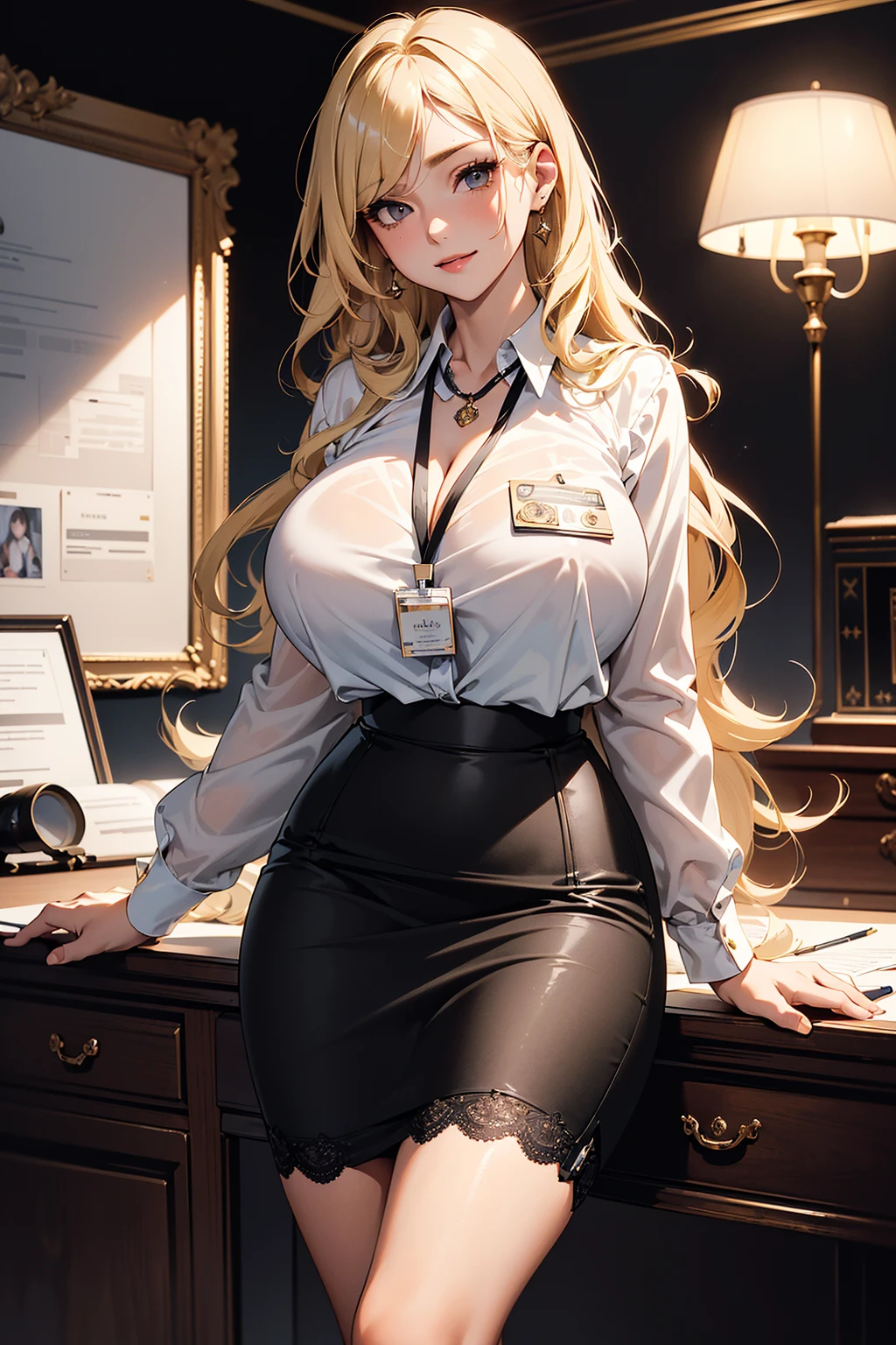 highres, 4k resolution, face enchantment, realistic hair, realistic eyes, best quality. Generate a sophisticated and alluring portrayal of an elegant 38-year-old woman, exuding confidence and professionalism in an office setting. Craft her with wavy, long blonde hair that flows gracefully, and captivating blue eyes that convey both intelligence and charisma. She should be depicted in tasteful white shirt and black tight skirt, embodying a perfect balance between style and formality, and showing her sensual cleavage, huge breasts. Emphasize her curvaceous silhouette, accentuating her natural elegance. Position her in a scene where she is elegantly seated on a desk, symbolizing a blend of authority and grace. Pay attention to detail, including the subtle nuances of her posture and expression, to convey a sense of confidence and sophistication. While highlighting her curvaceous figure, maintain a level of tastefulness and professionalism in the depiction. The goal is to create an image that captures the essence of a confident, accomplished professional woman in a poised and empowering office moment.