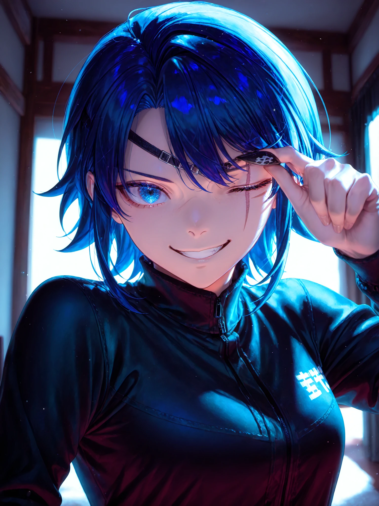 siiqa vivi, shuri \(84k\) <lora:Aoi3XL:1> Ryugo_YS, 1girl, short hair, serious, tomboy, indoors, dark, upper body, eyepatch lift, scar across eye, grin, left eye, one eye closed, eyepatch, 
<lora:cfg_scale_boost:0.9>, solo, 
best quality, amazing quality, very aesthetic, absurdres, newest, lazypos, <lora:cfg_scale_boost:0.9>