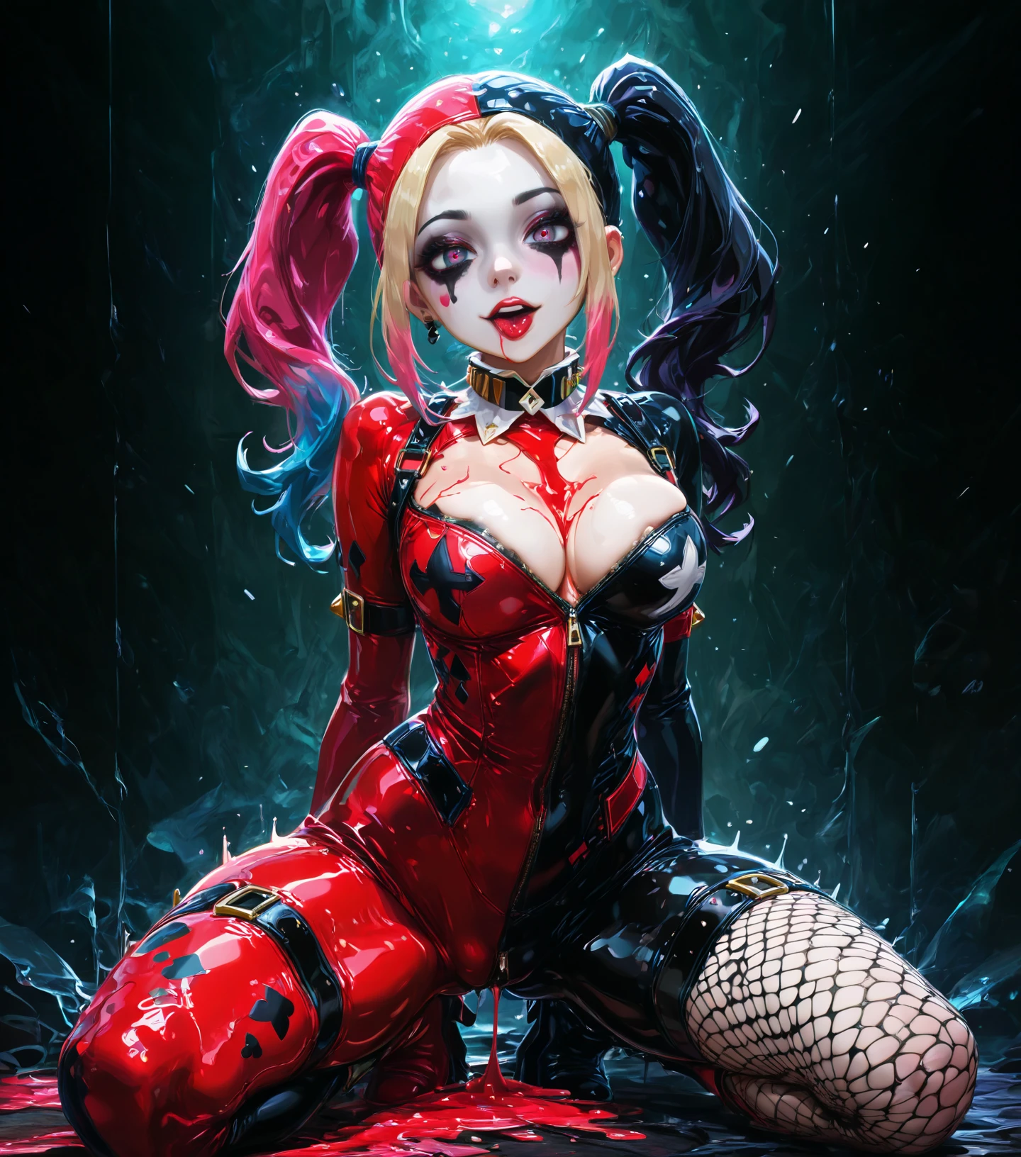 tattoo girl, very beautiful, murderous, Harley Quinn, crazed look, dark background, 8K, dynamic wallpaper, very delicate, very dense, creepy smile, close up to camera, dripping red one piece swimsuit, red beach background,