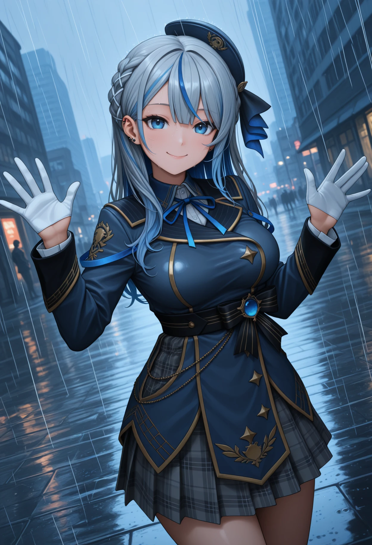 masterpiece, best quality, 1girl, solo, Ruk4Def, blue eyes, multicolored hair, grey hair, blue hair, long hair, braid, ribbon braid, ear piercing, blue hat, hat ribbon, blue neck ribbon, blue jacket, military jacket, long sleeves, white gloves, half gloves, black sash, black bow, grey skirt, plaid skirt, standing, outdoors, rain, looking at viewer, waving arms, smile, dutch angle, city, <lora:ChamAmagaiRukaNoob:1>