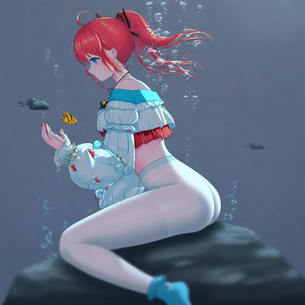 puffy long sleeves, red nails, depth of field, night, grey background, crop top, holding, virtual youtuber, socks, shirt, white pantyhose, blue eyes, underwater, outdoors, rock, straddling, twintails, ponytail, puffy sleeves