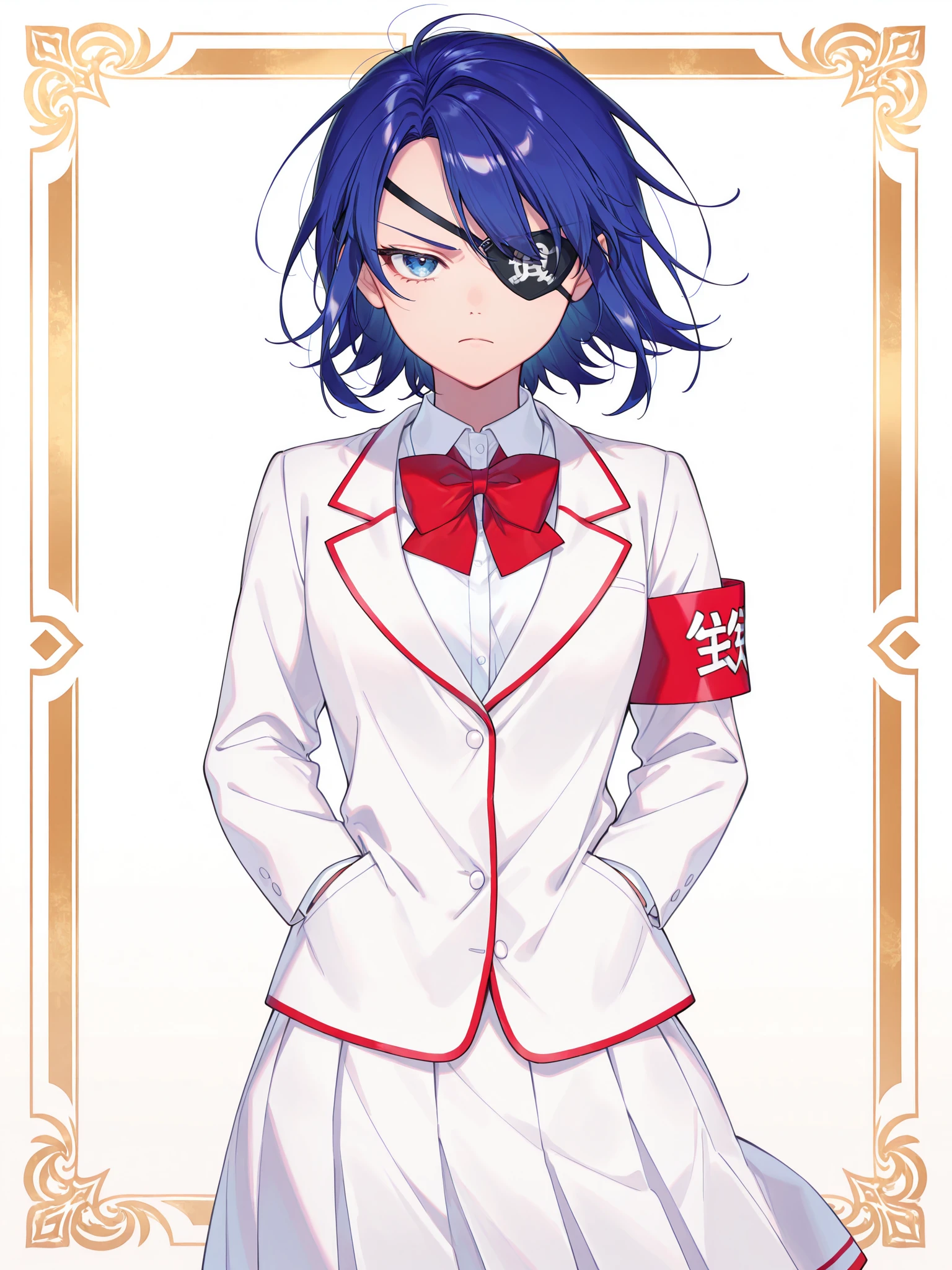 siiqa vivi, shuri (84k), <lora:Aoi3XL:1> Ryugo_YS, 1girl, short hair, white school uniform, red bowtie, armband, pleated skirt, eyepatch, serious, dynamic pose, hands in pockets, delinquent,
gradient background, <lora:retrocute:1>, inset border, cowboy shot, looking at viewer, <lora:cfg_scale_boost:0.9>, simple background, white background,
masterpiece, best quality, amazing quality, very aesthetic, absurdres, newest, lazypos,