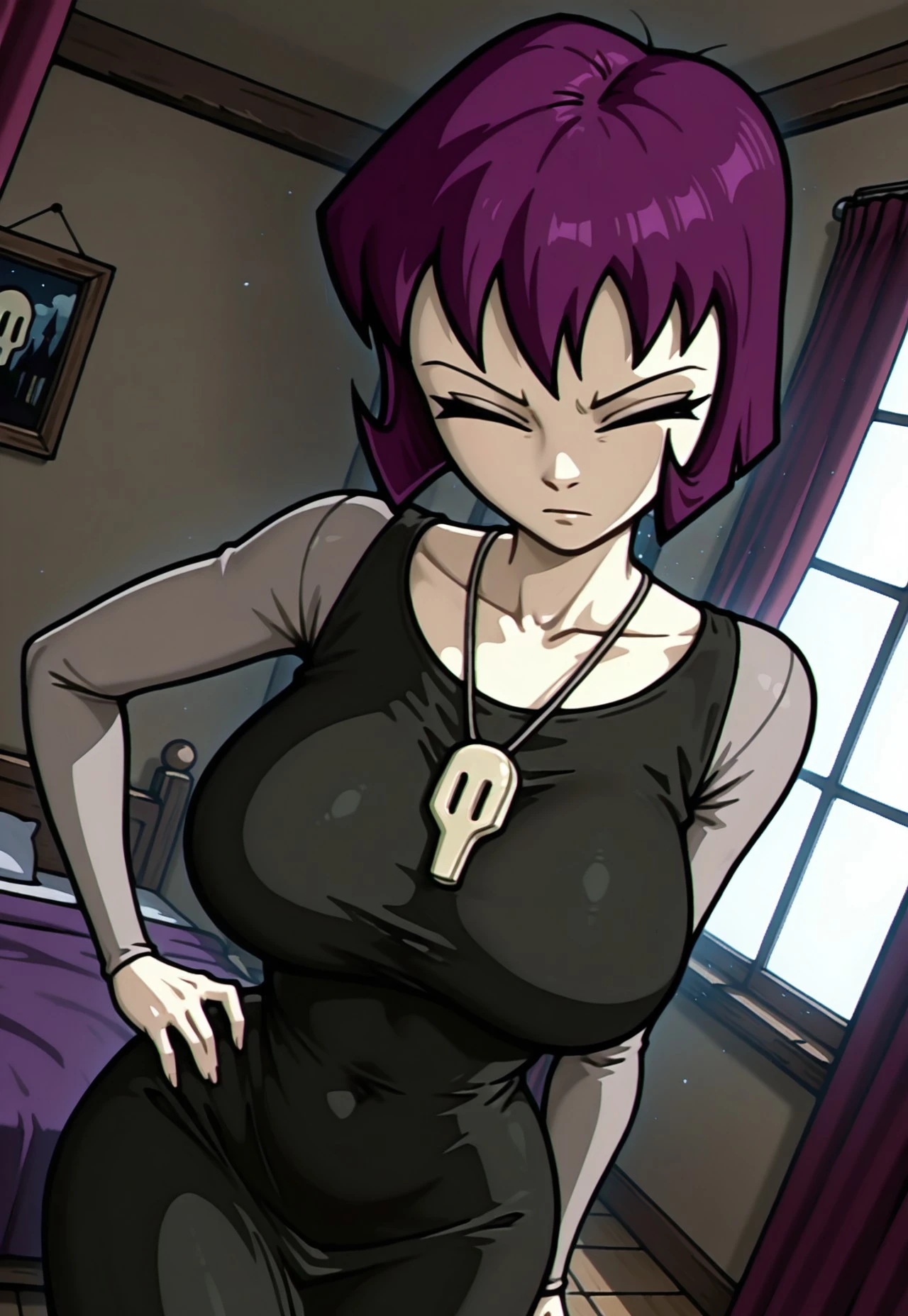 masterpiece, high quality, dynamic angle, 1girl, gazinvz, solo, purple hair, bob cut, pale skin, closed eyes, black dress, skull necklace, long grey sleeves, big breasts, hand on hip, facing viewer, bedroom, detailed room, window, curtain, dark lighting