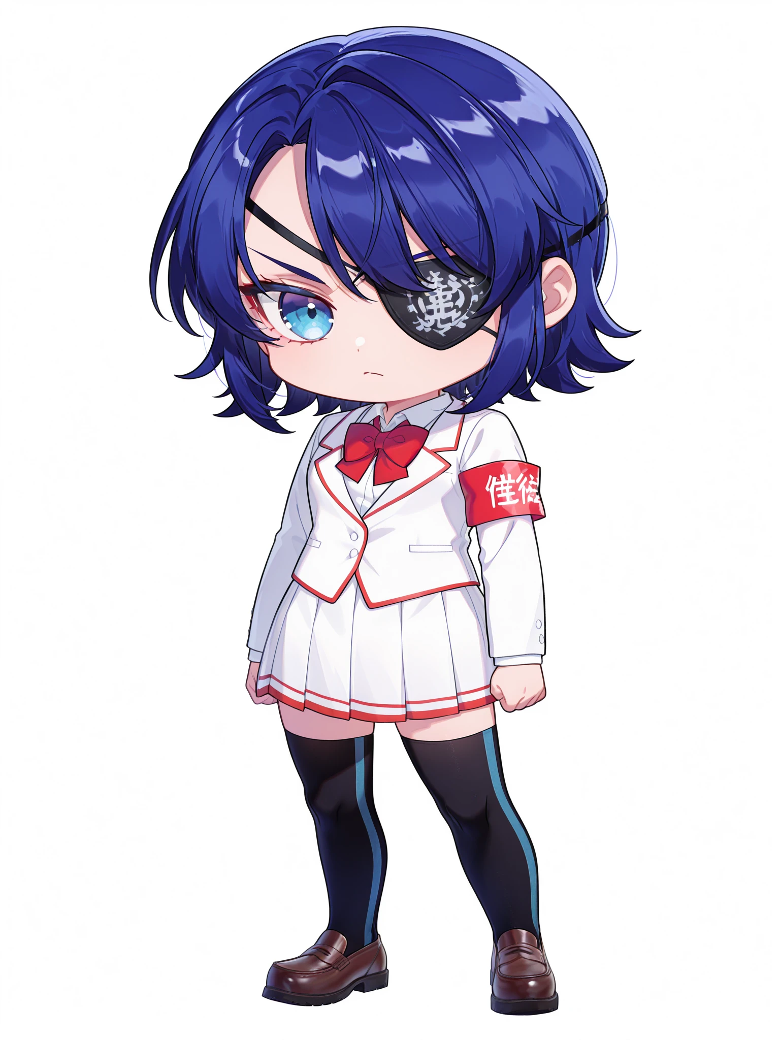 <lora:Aoi3XL:1> Ryugo_YS, 1girl, short hair, white school uniform, red bowtie, armband, pleated skirt, eyepatch, serious, standing, two-tone thighhighs, chibi, full body, loafers,
<lora:cfg_scale_boost:0.9>, simple background, looking at viewer, white background, solo,
masterpiece, best quality, amazing quality, very aesthetic, absurdres, newest,<lora:cfg_scale_boost:0.9> <lora:spo_sdxl_10ep_4k-data_lora_webui:0.4> <lora:retrocute:1> <lora:omoyunakyu715-_style_Illustrious:0.3> omoyu_nakyu715