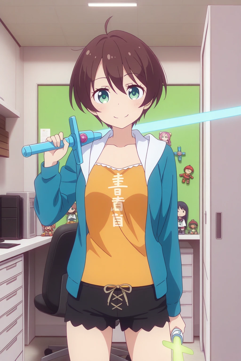 very awa, detailed eyes, shining eyes, masterpiece, best quality, ultra-detailed, (8k), (hdr), (ultra-detailed), absurdres, looking at viewer, solo, 1girl, girl, indoors, office, smile, aahajime, green eyes, brown hair, ahoge, hajimec1, blue hoodie, open hoodie, orange shirt, clothes writing, black shorts, ((standing, holding sword, toy sword, energy sword, resting on shoulder, cowboy shot))