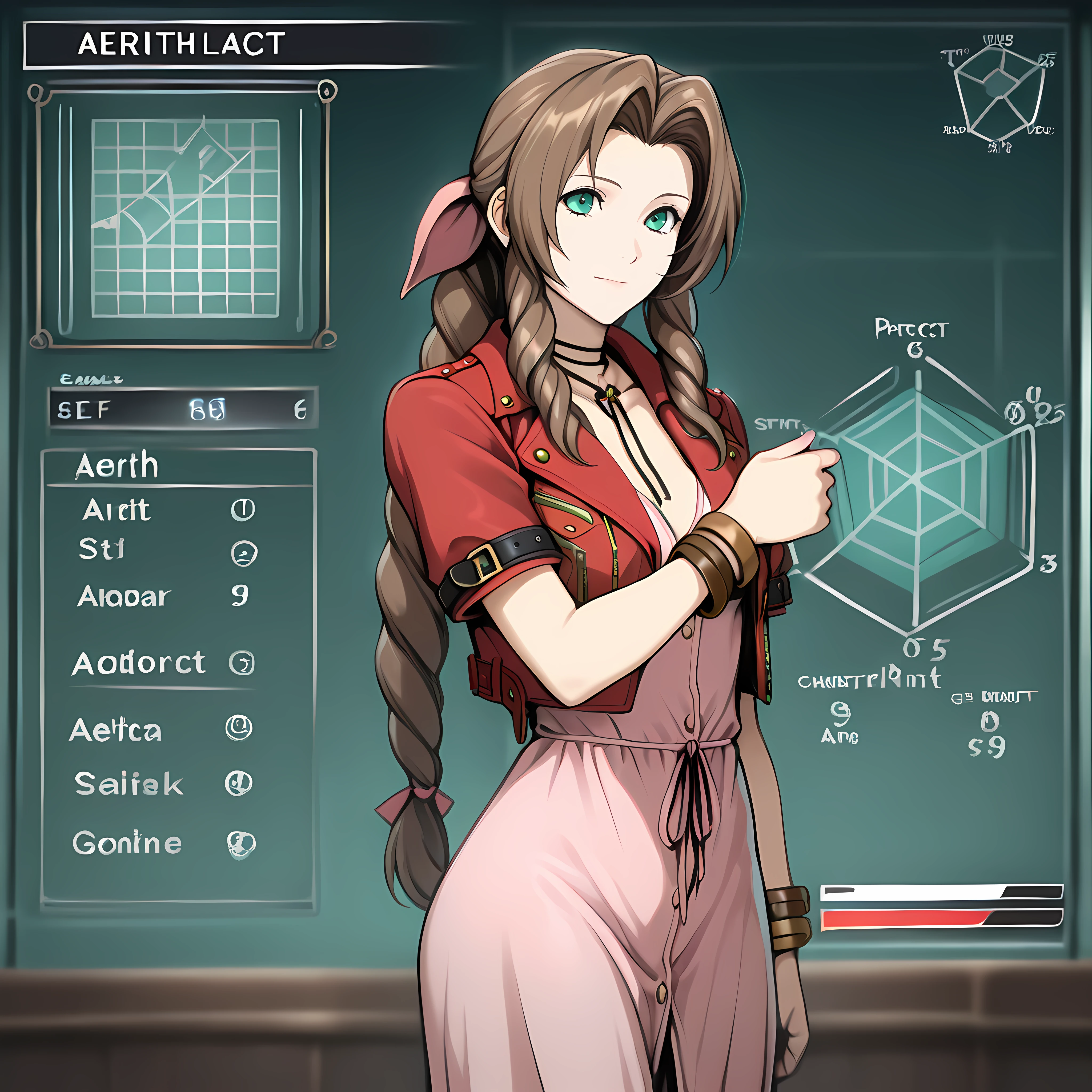 Masterpiece, newest, perfect quality, best quality, 1girl, solo, cowboy shot, aerith gainsborough, adjusting glvoes, st4t,textbox, radar chart, status bar