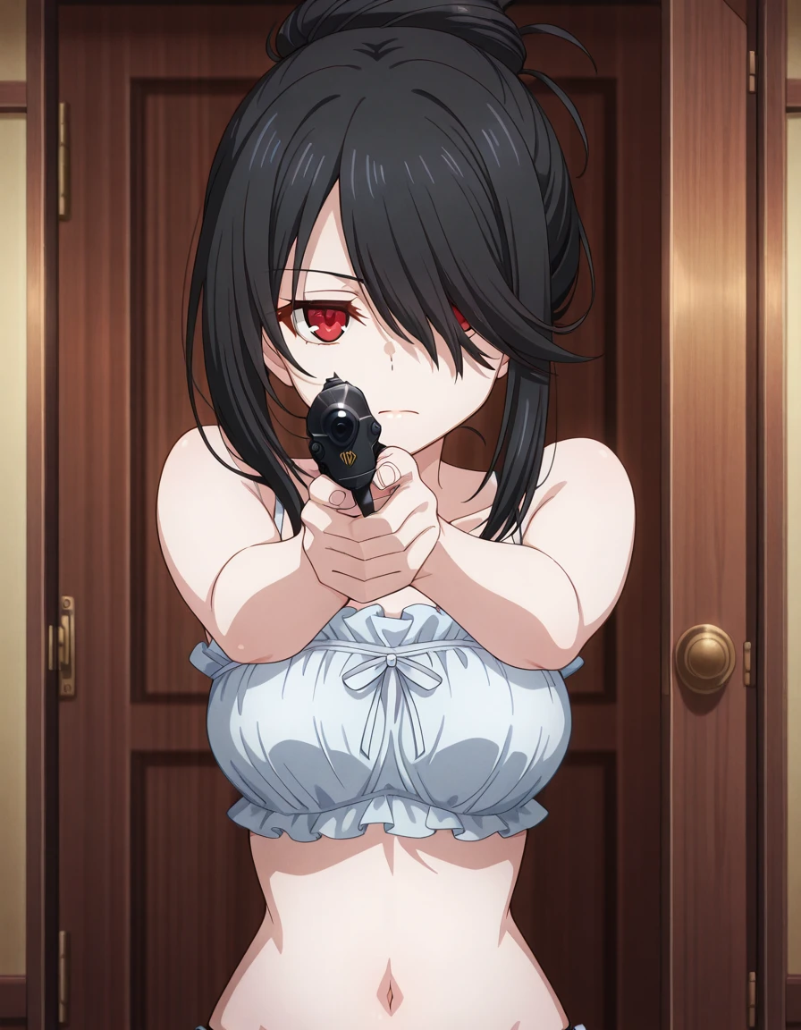 masterpiece, best quality, amazing quality,, <lora:kurumi-tokisaki-s2-illustriousxl-lora-nochekaiser:1>, kurumi tokisaki, black hair, red eyes, medium hair, folded hair, hair bun, hair over one eye, mature female, medium breasts, anime screencap, <lora:cinderella-bust-illustriousxl-lora-nochekaiser:1>, cinderella bust, underwear only, frilled bra, navel, panties,, <lora:center-axis-relock-stance-illustriousxl-lora-nochekaiser:1>, center axis relock stance, looking at viewer, holding, closed mouth, weapon, holding weapon, gun, holding gun, handgun, aiming, finger on trigger, aiming at viewer, m1911,, fear, , , ,