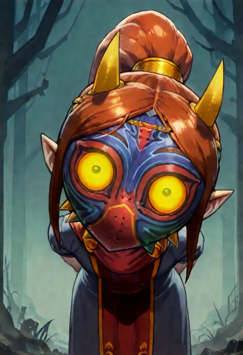 masterpiece, best quality, 1girl, solo, looking at viewer, ,<lora:MedliZelda_IXL_v2:0.8>, zzMedli, brown hair, long hair, ponytail, blue dress, red tabard, (zzMajora:1.1), mask, spikes, yellow sclera, horns, glowing eyes, (leaning forward, foreshortening, head tilt, close up, eye focus), <lora:MajoraZeldaIXL_v2:1.0>, dark forest,