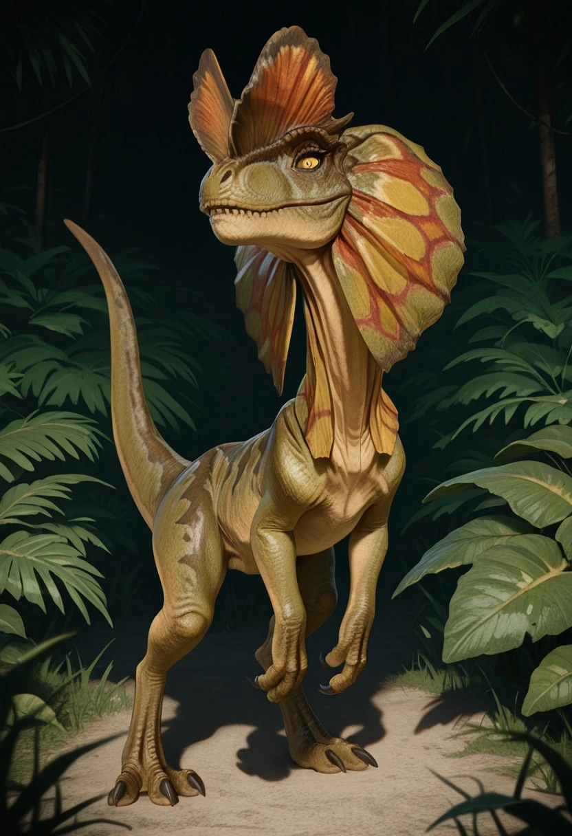 1girl, highres, absurdres, newest, masterpiece, best quality, furry, small tail, claws, 
dilophosaurus, green skin, yellow eyes, 3 fingers, 3 toes, double crest on the head, (folded frill at neck), detailed eyes, professional lighting,  solo, smug, looking_at_viewer,  masterpiece, jungle