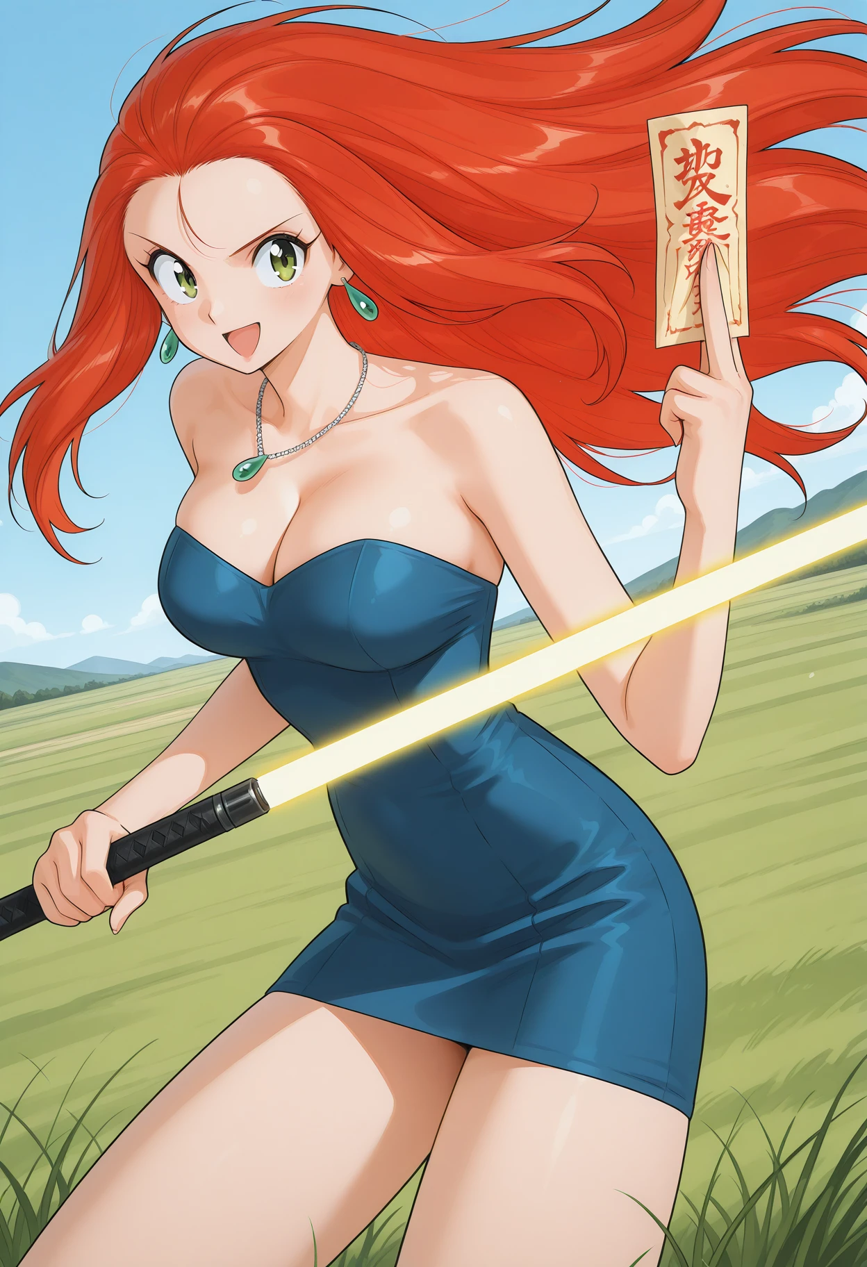 mikami_reiko, green eyes, red hair, long hair, earrings, necklace, cleavage, blue dress, short dress, strapless dress, tube dress, <lora:gs_mikami_reiko_illustrious_ver2:0.8>
holding weapon, yellow sword, ofuda between fingers,
smile, open mouth, cowboy shot,, masterpiece, best quality, sensitive,, 1girl, solo, blue sky, (grasslands:1.2), looking at viewer,