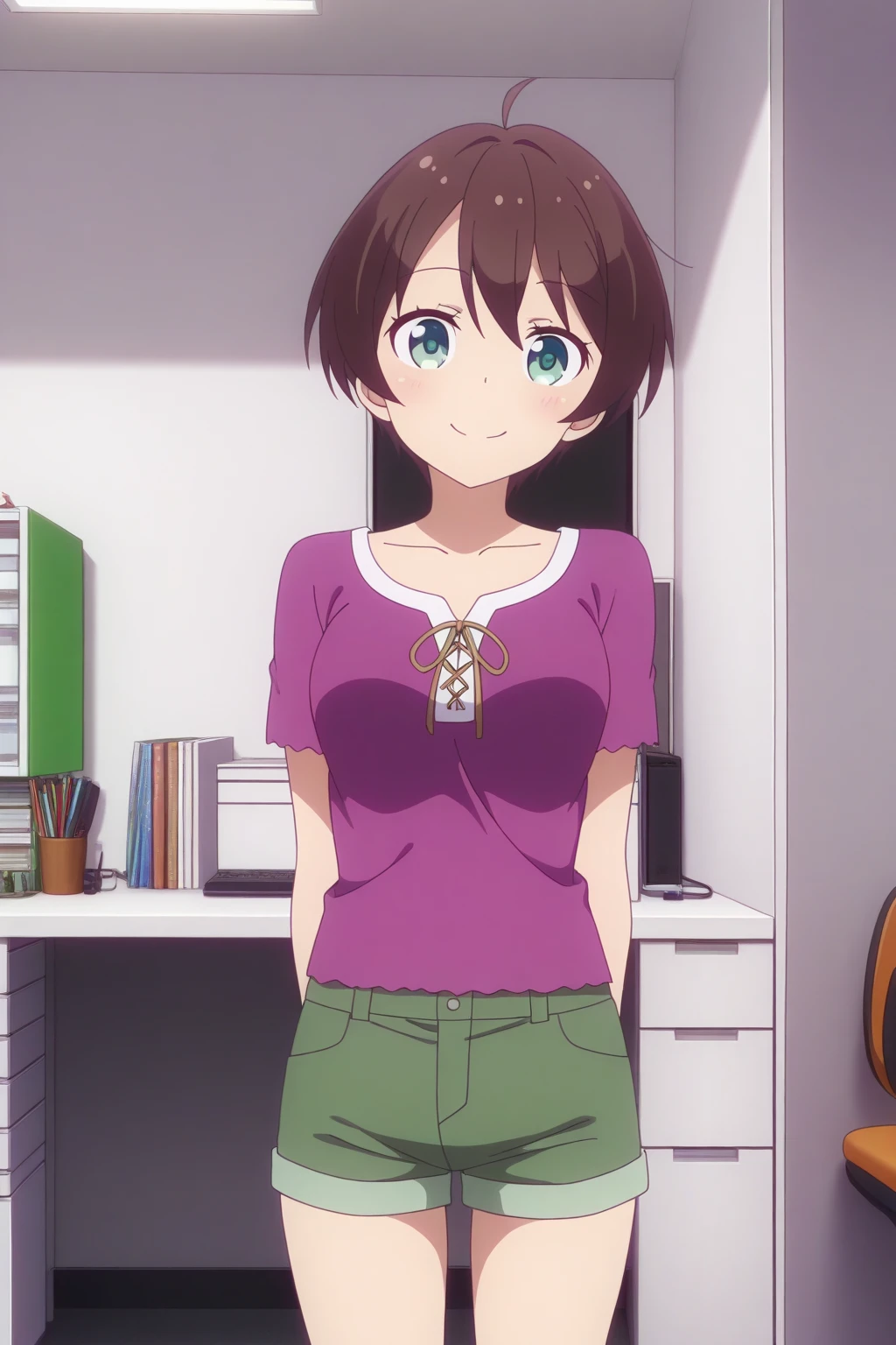 very awa, detailed eyes, shining eyes, masterpiece, best quality, ultra-detailed, (8k), (hdr), (ultra-detailed), absurdres, looking at viewer, solo, 1girl, girl, indoors, office, smile, aahajime, green eyes, brown hair, ahoge, hajimec4, purple shirt, short sleeves, denim shorts, ((standing, cowboy shot))