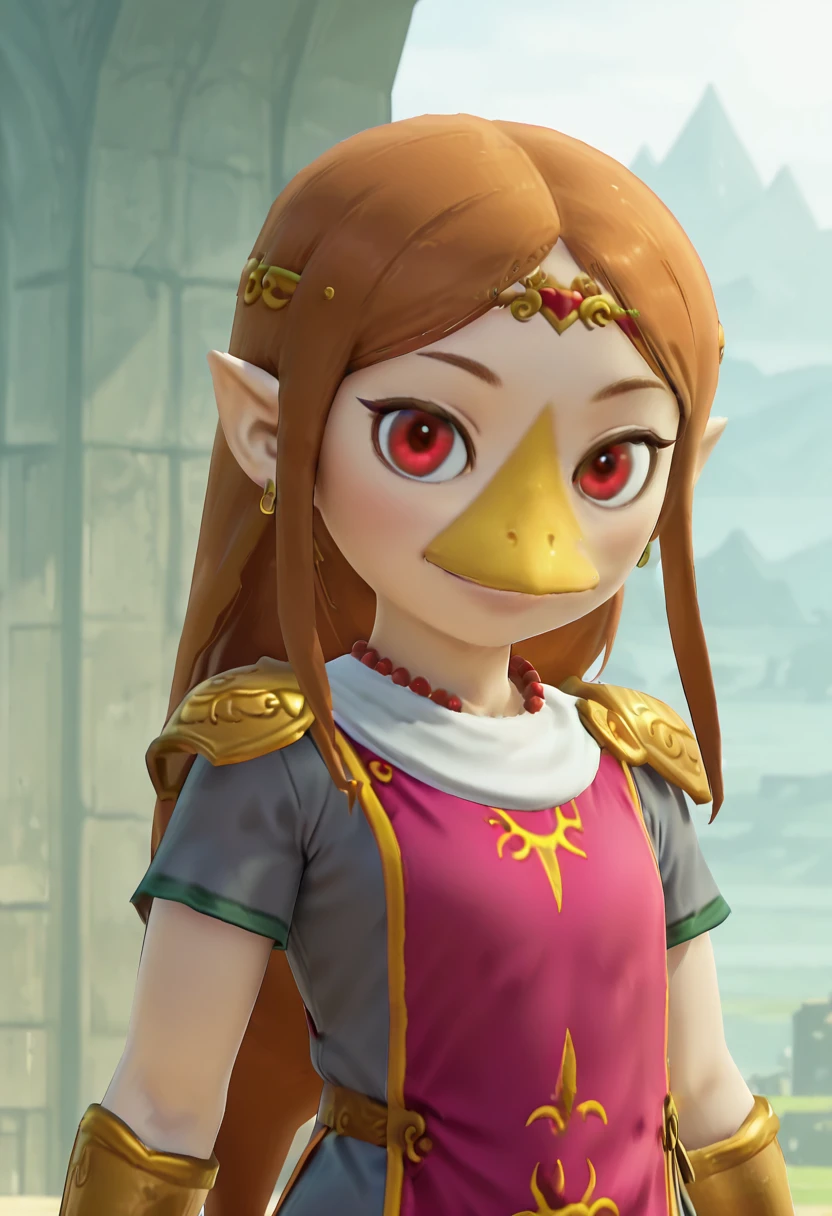 masterpiece, best quality, 1girl, solo, eyelashes, (beautiful eyes), smile, looking at viewer, ,<lora:MedliZelda_IXL_v2:0.8>, zzMedli, brown hair, (beak:1.2), pointy ears, long hair, red eyes, jewelry, dress, pink tabard, triforce, circlet, armor, earrings, necklace, shoulder armor, tiara, ,<lora:ZeldaUltimate_InGame_IXL:0.8>,