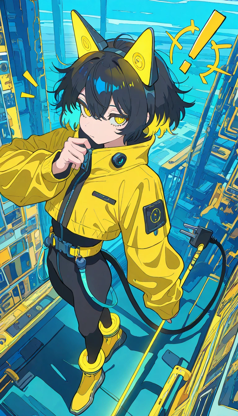masterpiece, best quality, amazing quality, very aesthetic, absurdres, newest, scenery,
, +++, notice lines, !, Mimicking shooting an arrow, electrocat, 1girl,
black hair, short hair, messy hair, yellow highlights, blue highlights,
cat ears, cyber ears, glowing accents, yellow eyes, heterochromatic hair accents, electric motif,
yellow jacket, oversized sleeves, cropped jacket, zipper, futuristic jacket,
black , skin-tight, high-waist belt, utility straps, harness,
futuristic boots, yellow boots, black and yellow shoes, ankle cuffs,
electric plug tail, cable tail, plug accessory,
electric cable tail, power plug
dynamic poses, ,
indoor,, animated, dynamic angle, upper body, close-up,portrait, from above, fisheye lens, detailed face,colorful, close-up, masterpiece, best quality, amazing quality, very aesthetic, absurdres, newest, scenery, volumetric lighting