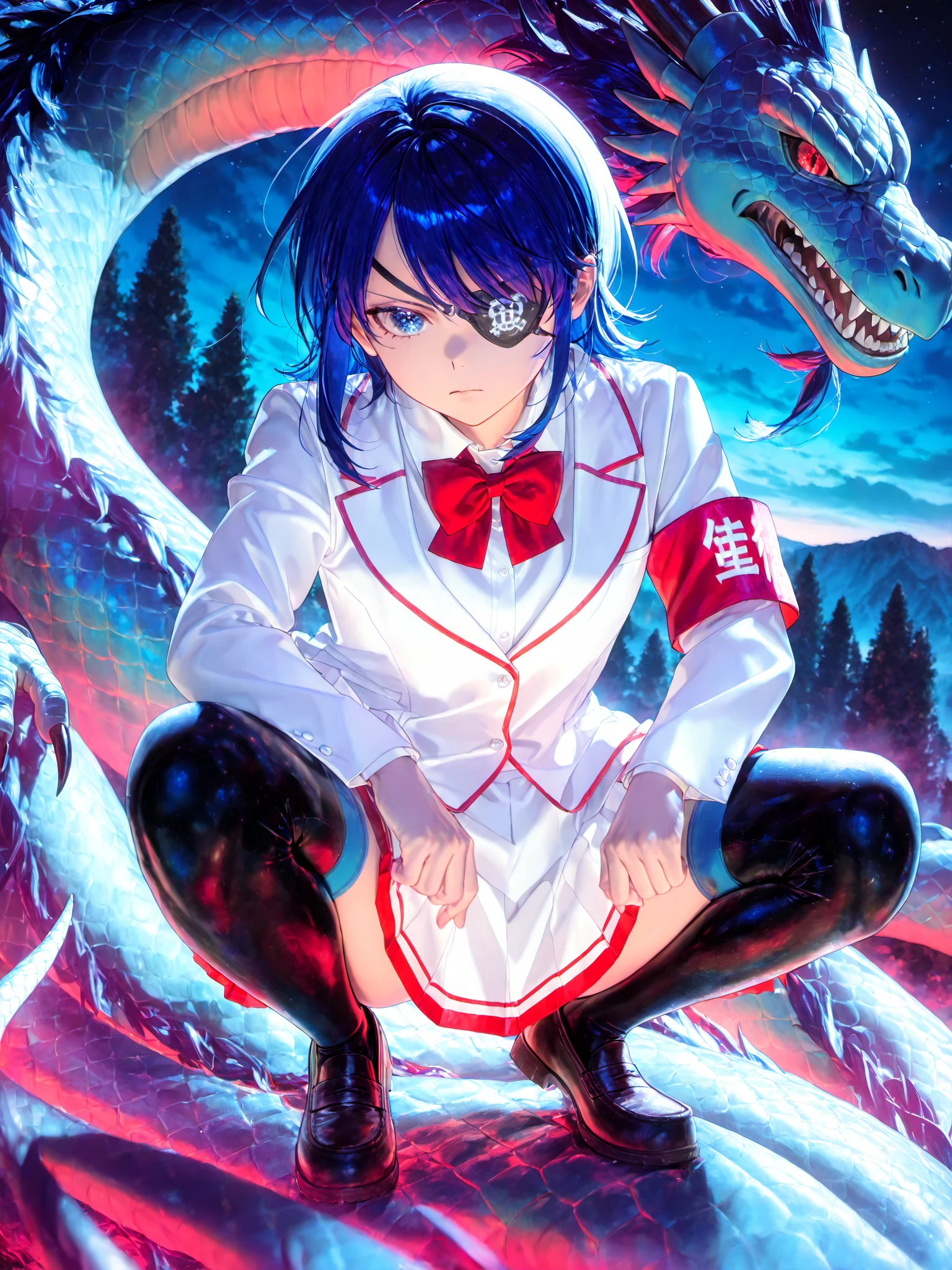 siiqa vivi, shuri \(84k\) <lora:Aoi3XL:1> Ryugo_YS, 1girl, short hair, white school uniform, red bowtie, armband, pleated skirt, eyepatch, serious, two-tone thighhighs, full body, loafers, slav squatting,
<lora:cfg_scale_boost:0.9>, solo, blue dragon, sky, in the sky, night, outdoors,
best quality, amazing quality, very aesthetic, absurdres, newest, lazypos, <lora:cfg_scale_boost:0.9>