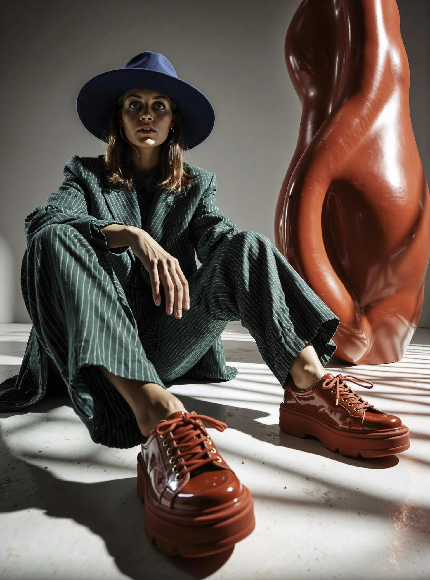 8k, hyper-realistic,photorealistic,hdr,
A hyper-realistic, photorealistic fashion scene captured in 8K resolution with HDR clarity, featuring a woman sitting gracefully on the polished floor, viewed from a low angle to emphasize intimacy and detail. The model wears a tailored emerald green pinstriped suit paired with a deep blue wide-brimmed hat that gently shadows her serene, confident face. Her oversized, glossy red platform shoes are prominently displayed in the foreground, their vibrant color commanding attention and creating a striking contrast against the cool tones of her outfit. Behind her, instead of an umbrella, a large modern red sculpture with smooth curves and reflective surfaces stands as a bold background element, echoing the red hue of her shoes and adding depth and artistic flair to the composition. Soft, diffused lighting bathes the scene, casting subtle shadows that accentuate the textures of her clothing, the shine of her shoes, and the sleekness of the sculpture. The color palette harmonizes jewel tones—emerald green, deep blue, and vivid red—against a neutral, softly blurred background that enhances focus on the model and the red sculpture. The composition balances the seated figure in the foreground with the sculptural object in the background, guiding the viewer’s eye naturally through the scene. The atmosphere is calm yet striking, blending fashion-forward elegance with artistic modernity, celebrating bold color contrasts and creative styling.