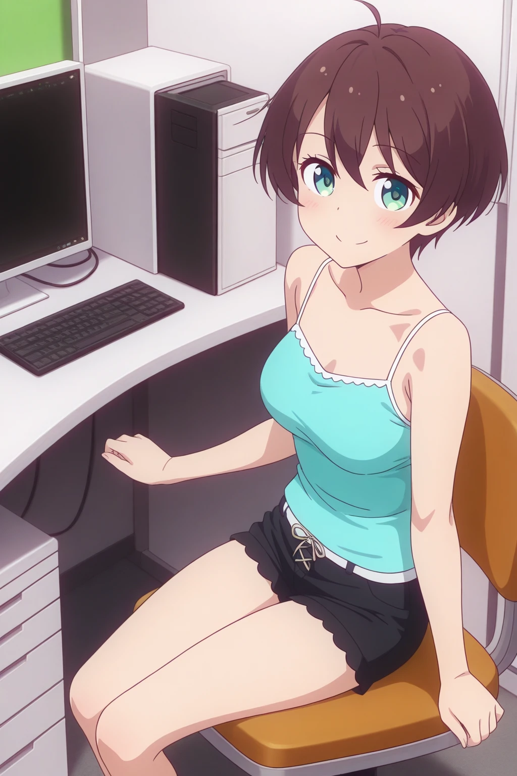 very awa, detailed eyes, shining eyes, masterpiece, best quality, ultra-detailed, (8k), (hdr), (ultra-detailed), absurdres, looking at viewer, solo, 1girl, girl, indoors, office, smile, aahajime, green eyes, brown hair, ahoge, hajimec2, green camisole, spaghetti strap, black shorts, ((sitting, on chair, at desk, at computer, cowboy shot))
