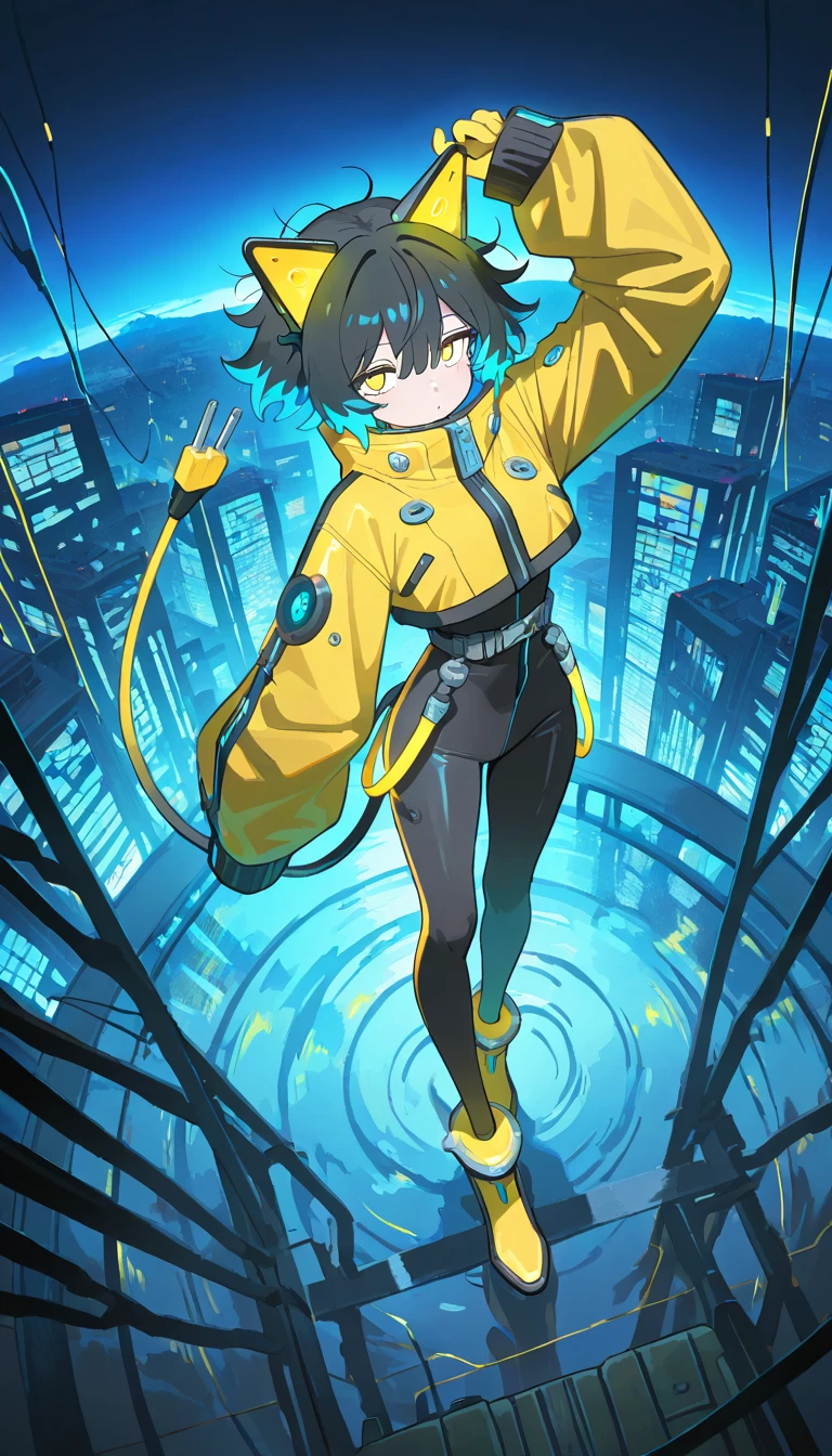 masterpiece, best quality, amazing quality, very aesthetic, absurdres, newest, scenery,
, electrocat, 1girl,
black hair, short hair, messy hair, yellow highlights, blue highlights,
cat ears, cyber ears, glowing accents, yellow eyes, heterochromatic hair accents, electric motif,
yellow jacket, oversized sleeves, cropped jacket, zipper, futuristic jacket,
black , skin-tight, high-waist belt, utility straps, harness,
futuristic boots, yellow boots, black and yellow shoes, ankle cuffs,
electric plug tail, cable tail, plug accessory,
electric cable tail, power plug, animated, dynamic angle, full body, from above, fisheye lens, detailed face,colorful, close-up, masterpiece, best quality, amazing quality, very aesthetic, absurdres, newest, scenery, volumetric lighting