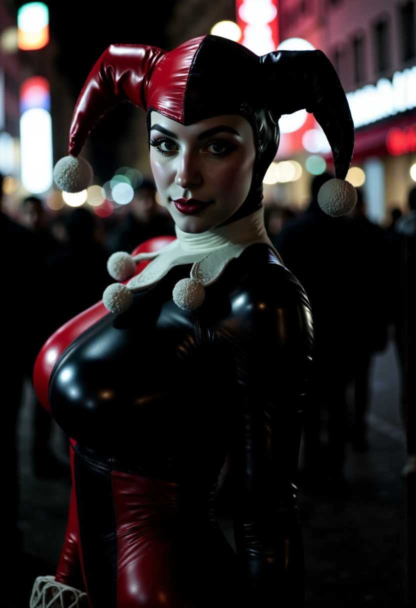 Harley Quinn, portrait, instagram_photo, looking_at_viewer, a slutty owhx_woman posing seductively, huge_breasts, high_detail, depth_of_field, bokeh, night, bodysuit, jester_hat, crowded_street_background, high_contrast, dark_shadows, mild_desaturation, in_the_style_of_Christopher_Nolan