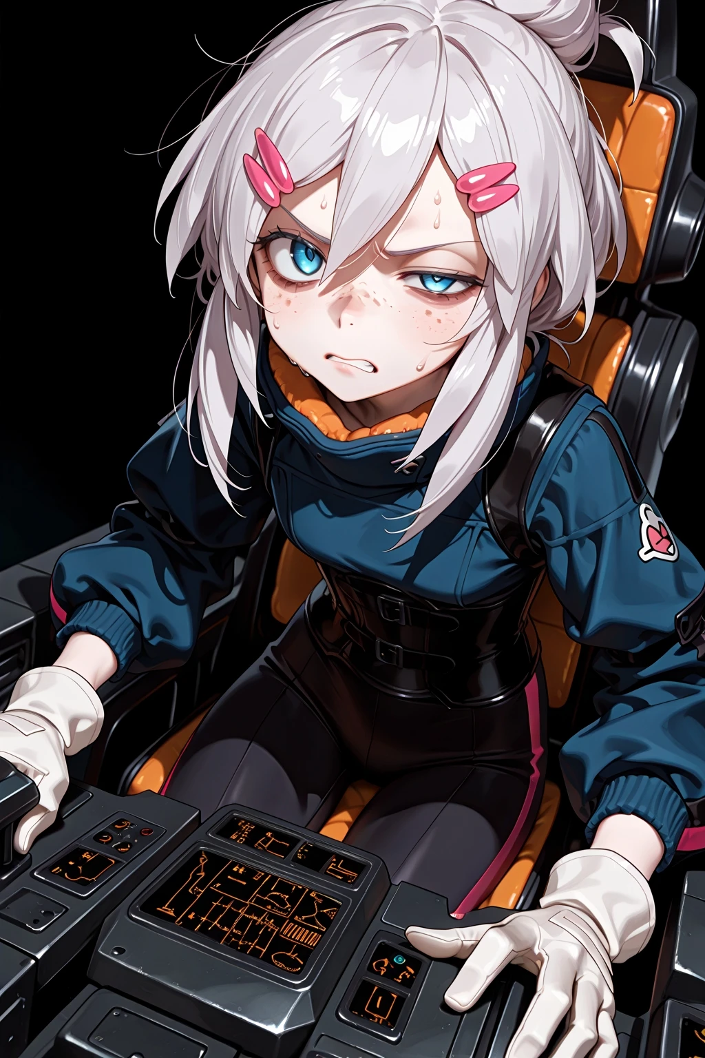 1girl, deux murasame, freckles, hairclip,
white gloves, sweat,
jitome, closed mouth, flustered, exhausted,
sitting, frown, angry, uneven eyes, clenched teeth, leaning forward,
black background, cockpit,
cowboy shot, looking at viewer, dutch angle, <lora:deuxmurasameillv3:0.8>,, masterpiece, best quality, amazing quality, very aesthetic, absurdres, highres, newest,<lora:xl_saturation_slider:0.1> <lora:add-detail-xl:1> <lora:illustriousXLv01_stabilizer_v1.121:0.4> <lora:reduce_wrinkles_illstriouosv0.1_ADDifT_2_in_1_v1.2:0.9>
