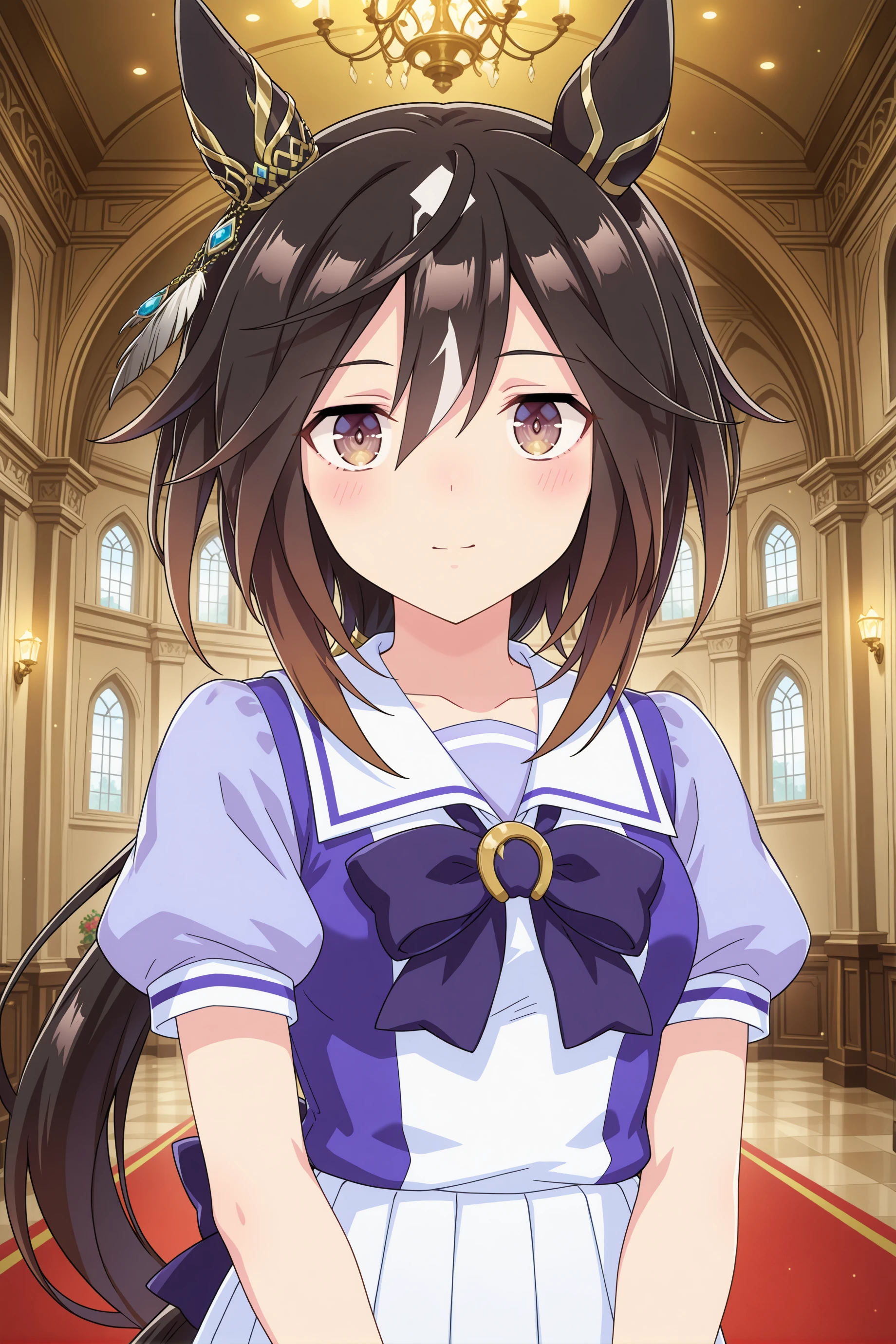1girl, stay gold \(umamusume\), umamusume,animal ears,horse ears, horse girl,
long hair, black hair, multicolored hair, brown eyes, hair between eyes, white hair, low ponytail, brown hair, single ear cover, two-tone hair, streaked hair, small breasts, <lora:staygold_Illust_v1:0.6>
tracen school uniform, short sleeves, white skirt,
ceiling, upper body, looking at viewer, blush stickers, closed mouth,castle,
(masterpiece, best quality, newest, highres), (anime coloring:1.5), (anime screenshot:1.5)