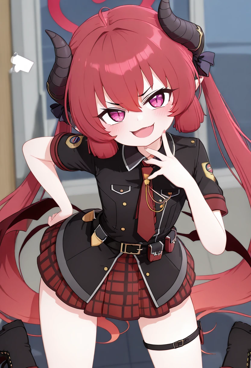 masterpiece, best quality, solo, curvy, beautiful eyes, narrow waist, wide hips, zzJunko, red eyes, red halo, red hair, horns, long hair, twintails, halo, demon horns, pointy ears, wings, hair between eyes, demon wings, very long hair, black horns, low wings, ribbon black shirt, pleated skirt, red skirt, short sleeves, plaid skirt, red necktie, thigh strap, belt, fang, black footwear, boots, , <lora:JunkoBlueArchiveIXL:1.0>, , smile, looking at viewer, cowboy shot, leaning forward, smug, <<lora:MantisIXL_v2:0.8>,