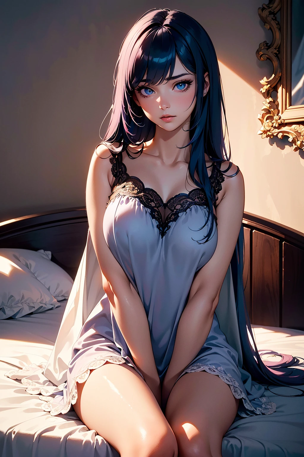 (masterpiece, best quality, hires, high resolution:1.2), (beautiful, aesthetic, perfect, delicate, intricate:1.2), (dramatic shadows, deep shadows, dark theme:1.4), (mature woman), (depth of field:1.2), (dramatic shadows, deep shadows), (1girl, solo), (eyeliner, eyeslashes), (glossy lips), (long straight hair), (straight hair:1.4), (pink and blue hair), (gigantic breasts), (confident expression), (oversized nightgown), (ornate delicate nightgown:1.2), (sitting on the bed), (ornate bed, fancy bed:1.2), (cowboy shot), <lora:epiNoiseOffset:0.8>, dim lightinig,